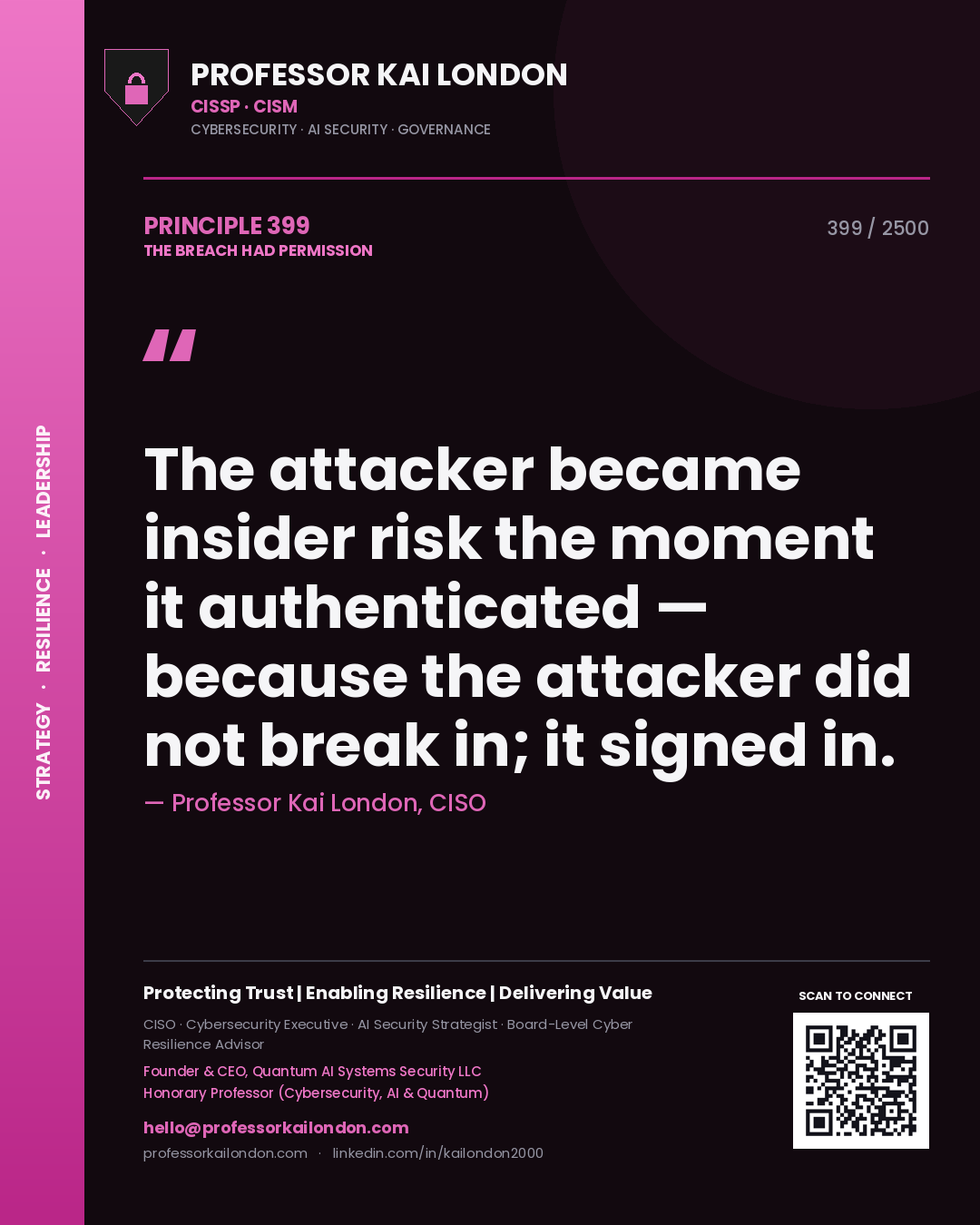 Quote card by Professor Kai London reading 'The attacker became insider risk the moment it authenticated — because the attacker did not break in; it signed in.'. From the book The Breach Had Permission.