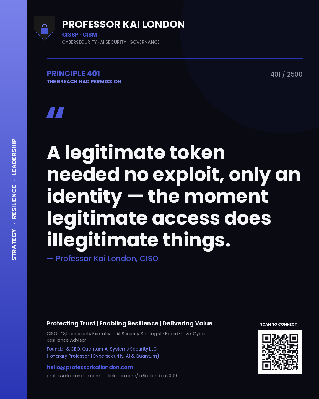 Quote card by Professor Kai London reading 'A legitimate token needed no exploit, only an identity — the moment legitimate access does illegitimate things.'. From the book The Breach Had Permission.