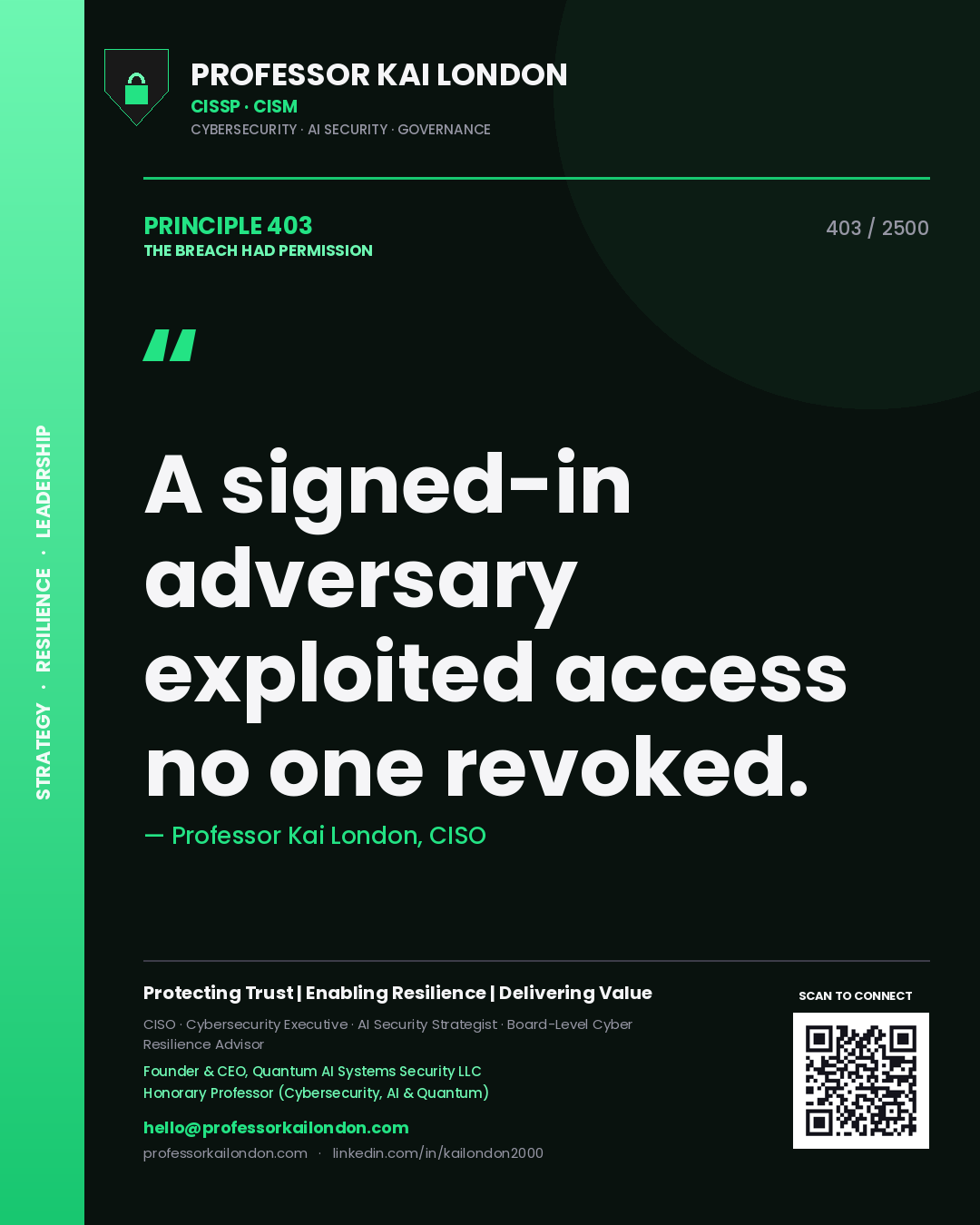 Quote card by Professor Kai London reading 'A signed-in adversary exploited access no one revoked.'. From the book The Breach Had Permission.