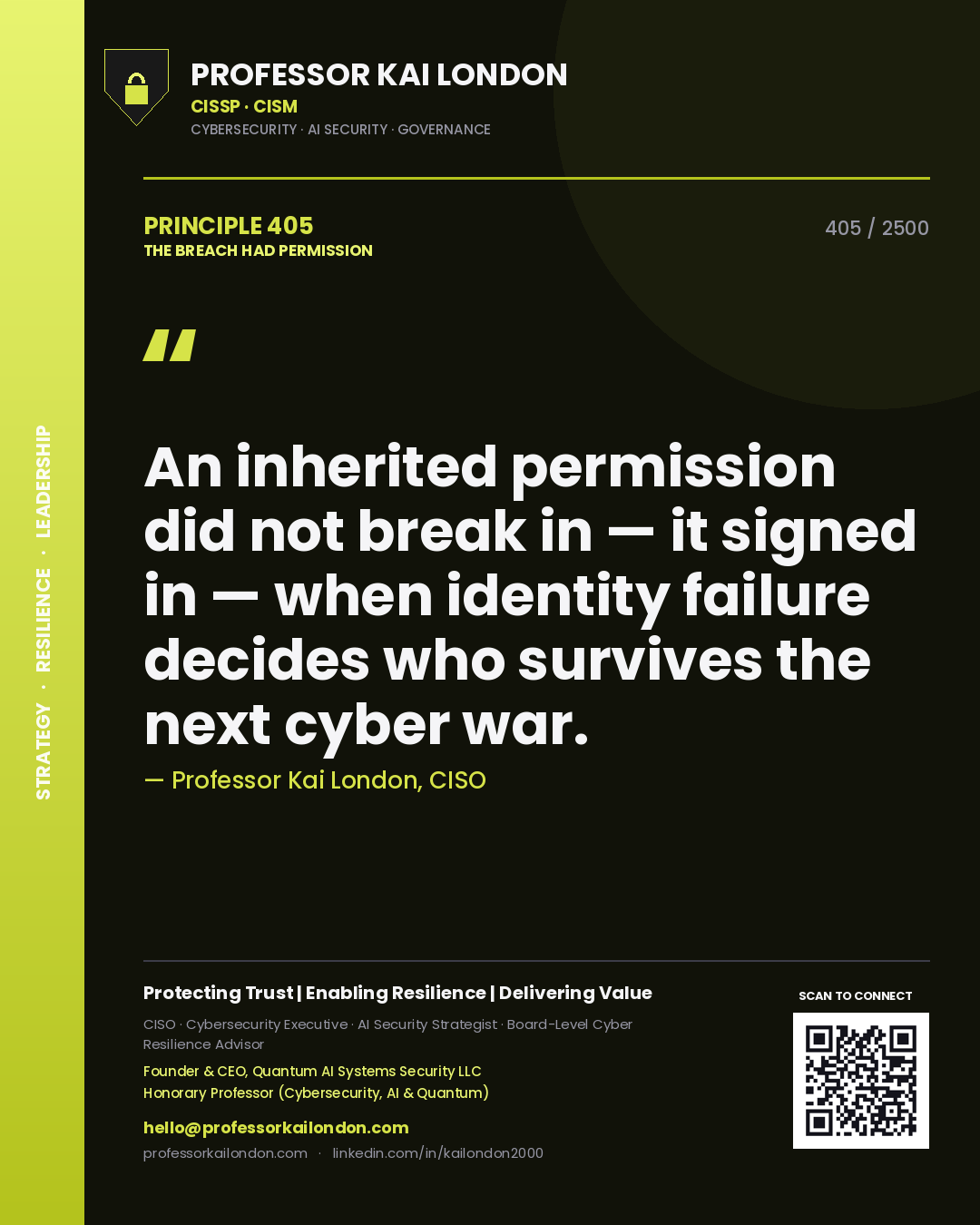 Quote card by Professor Kai London reading 'An inherited permission did not break in — it signed in — when identity failure decides who survives the next cyber war.'. From the book The Breach Had Permission.