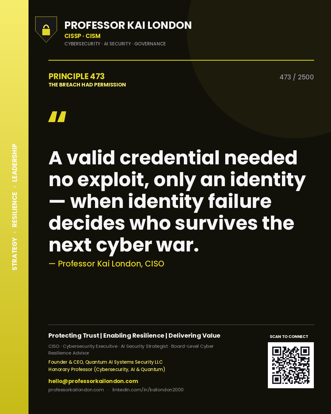 Quote card by Professor Kai London reading 'A valid credential needed no exploit, only an identity — when identity failure decides who survives the next cyber war.'. From the book The Breach Had Permission.
