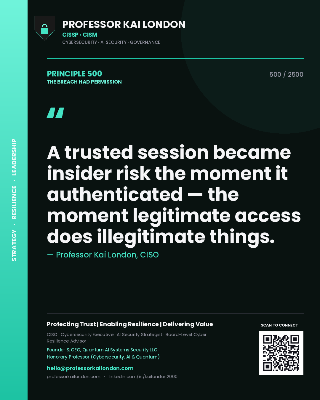 Quote card by Professor Kai London reading 'A trusted session became insider risk the moment it authenticated — the moment legitimate access does illegitimate things.'. From the book The Breach Had Permission.