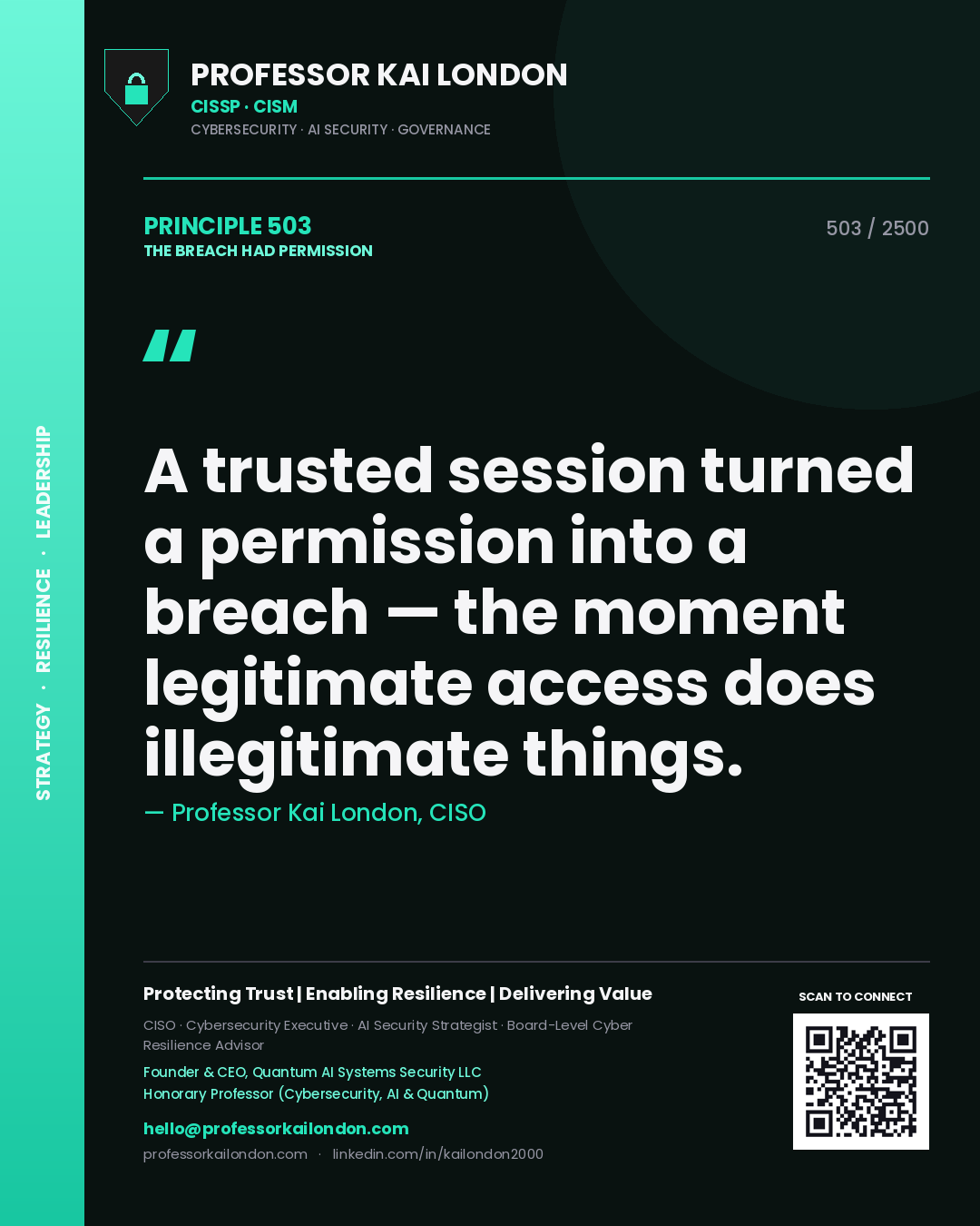 Quote card by Professor Kai London reading 'A trusted session turned a permission into a breach — the moment legitimate access does illegitimate things.'. From the book The Breach Had Permission.