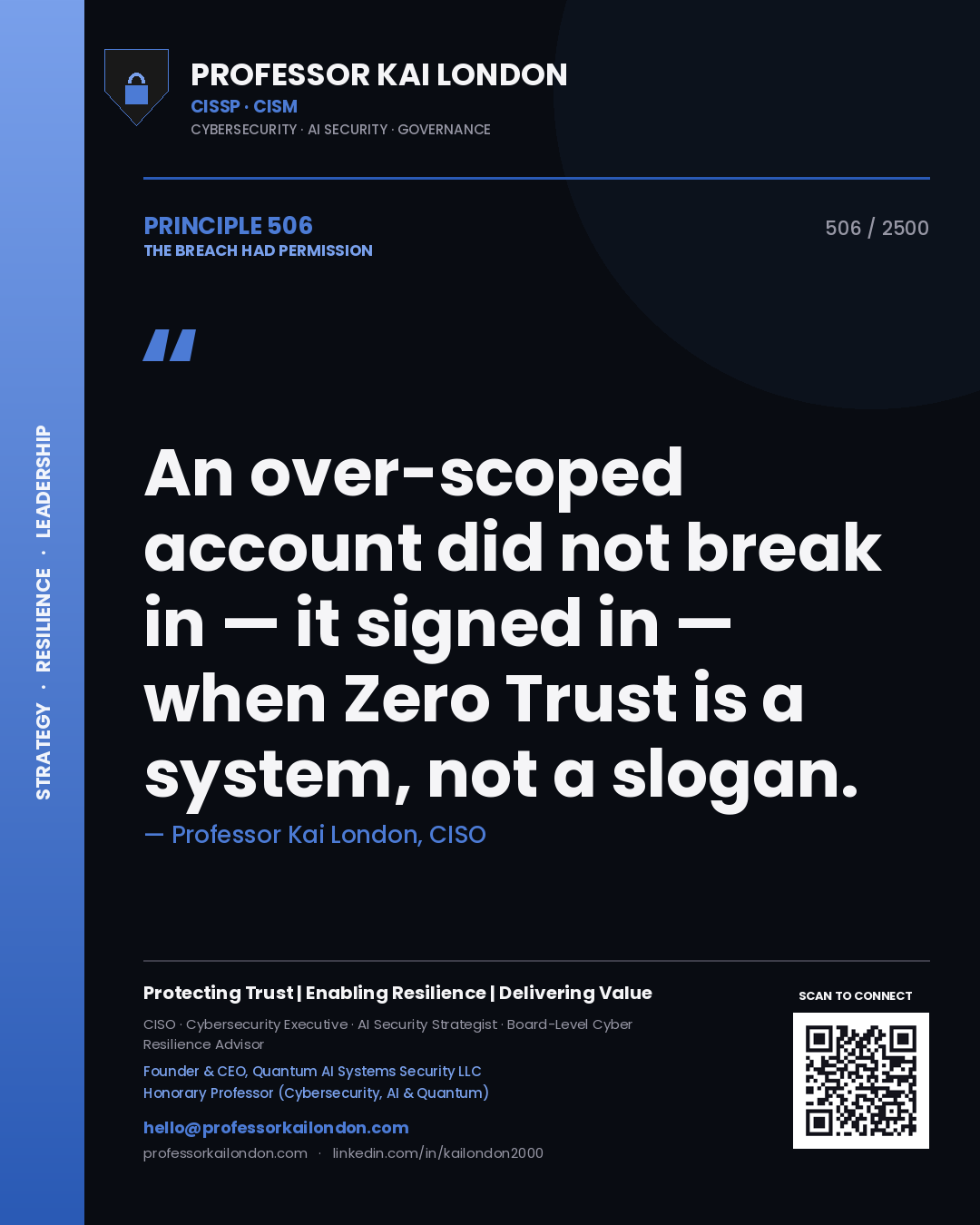 Professor Kai London principle 506: An over-scoped account did not break in — it signed in — when Zero Trust is a system, not a slogan.