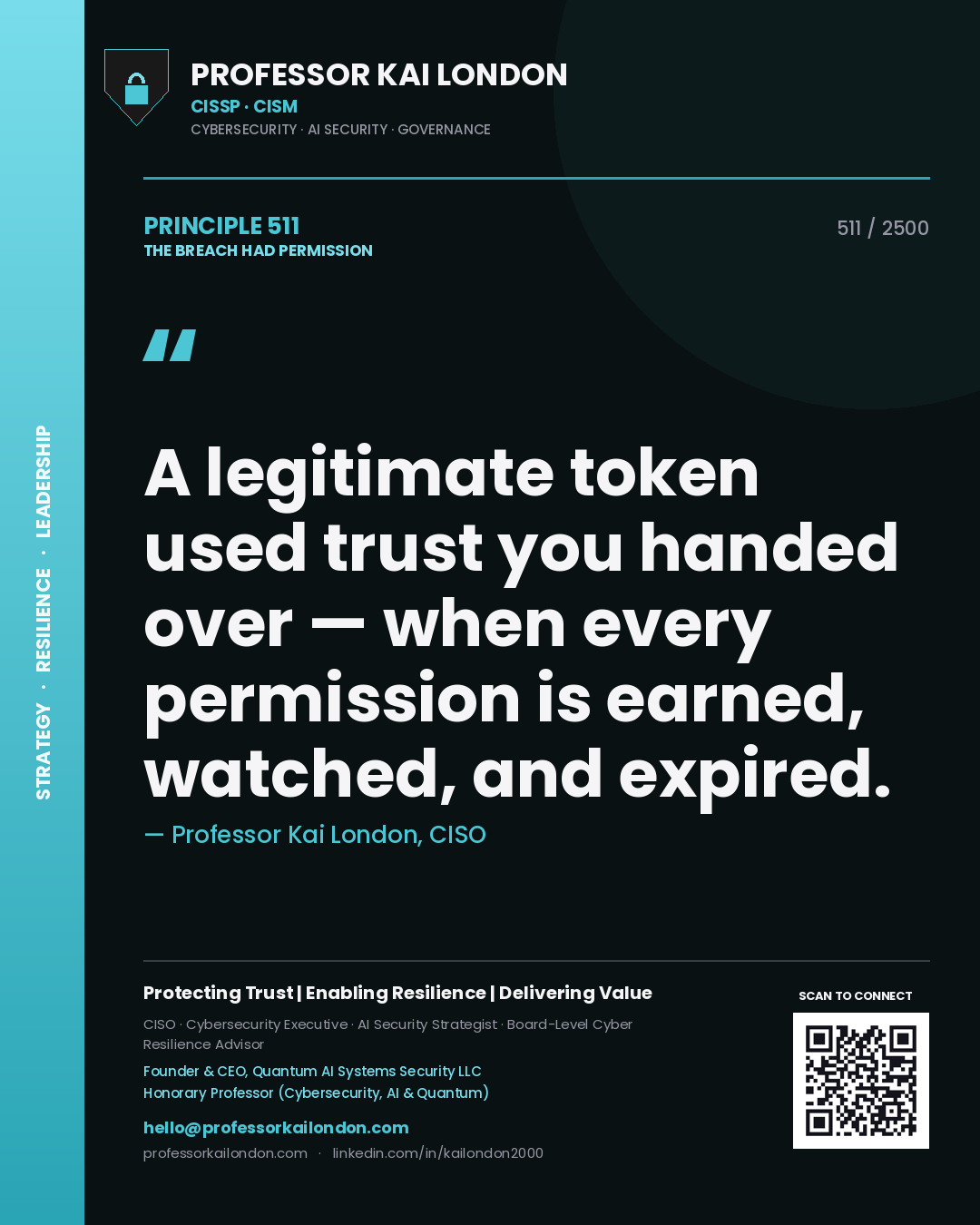 Quote card by Professor Kai London reading 'A legitimate token used trust you handed over — when every permission is earned, watched, and expired.'. From the book The Breach Had Permission.