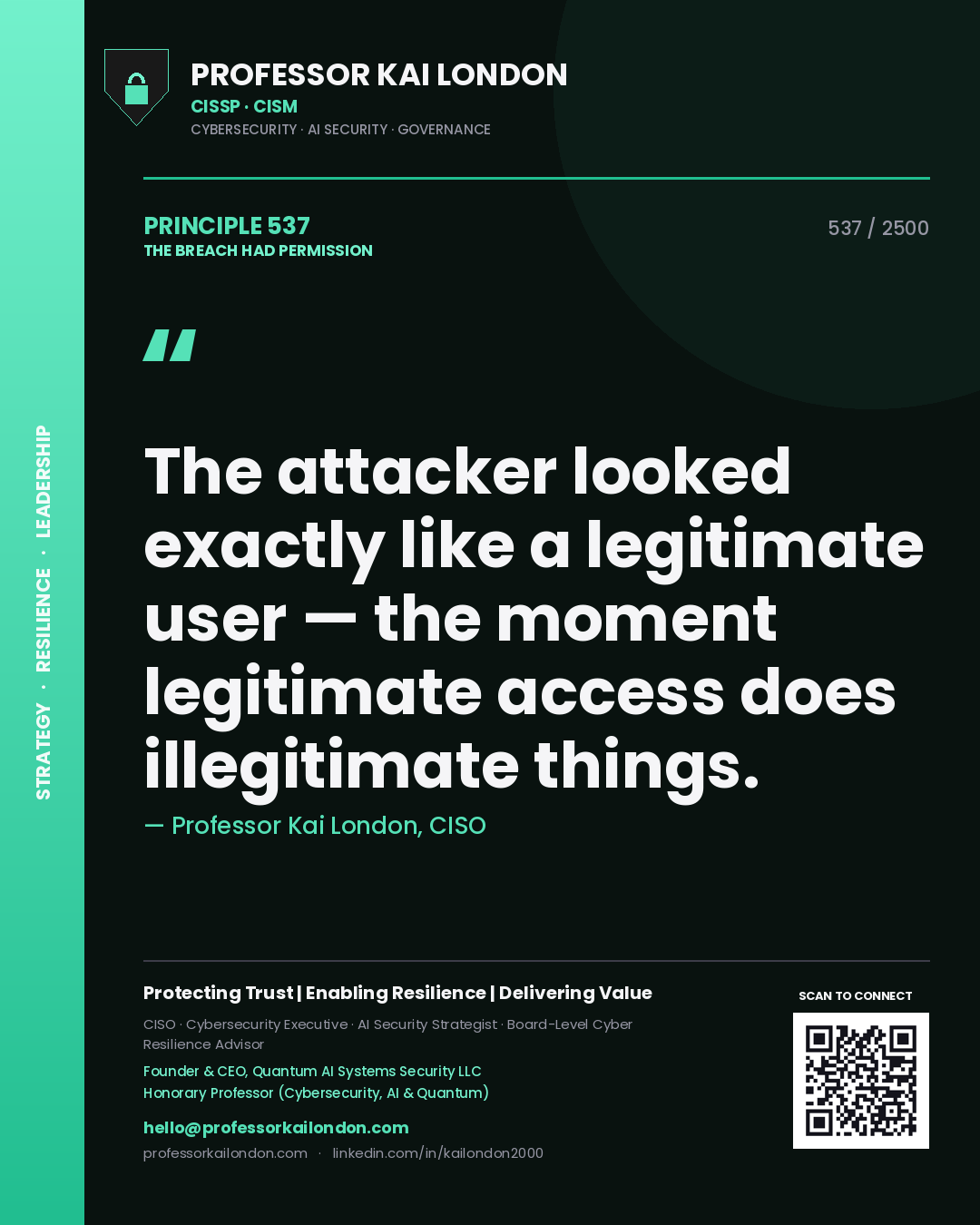 Professor Kai London principle 537: The attacker looked exactly like a legitimate user — the moment legitimate access does illegitimate things.