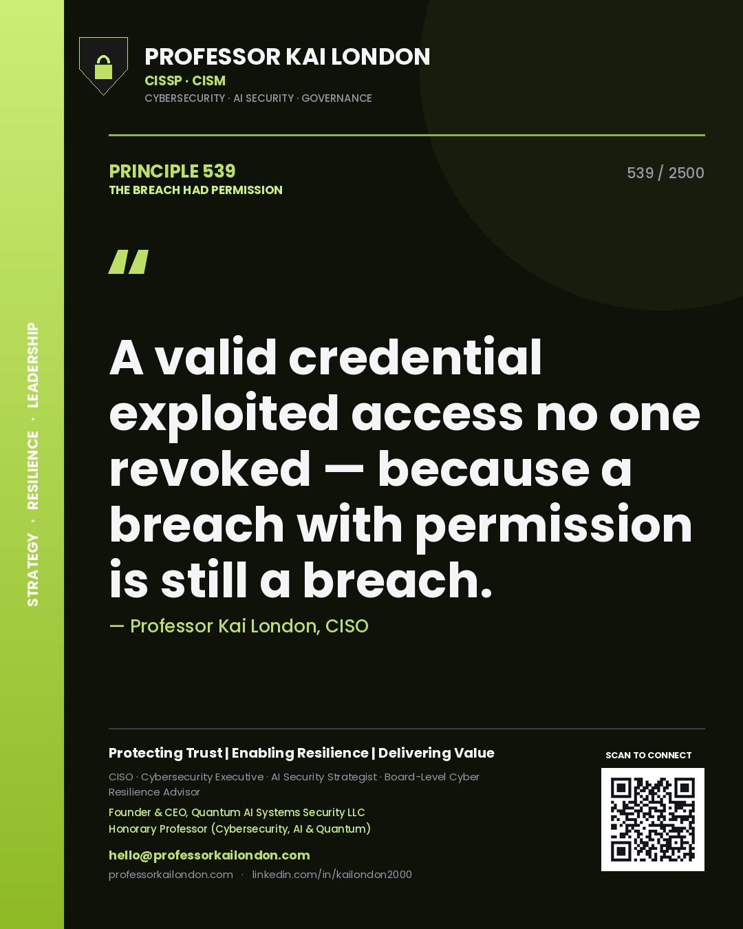 Quote card by Professor Kai London reading 'A valid credential exploited access no one revoked — because a breach with permission is still a breach.'. From the book The Breach Had Permission.