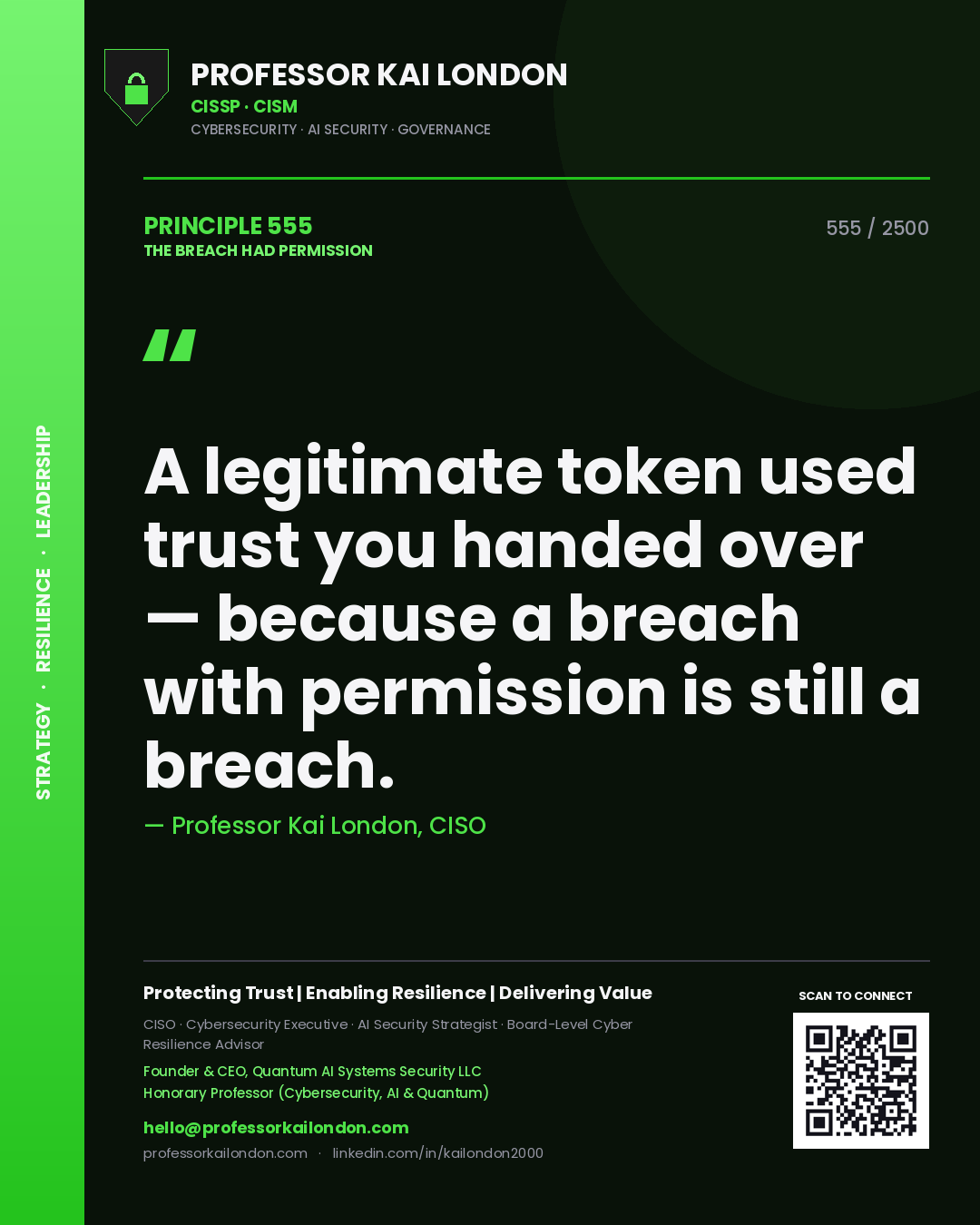 Quote card by Professor Kai London reading 'A legitimate token used trust you handed over — because a breach with permission is still a breach.'. From the book The Breach Had Permission.