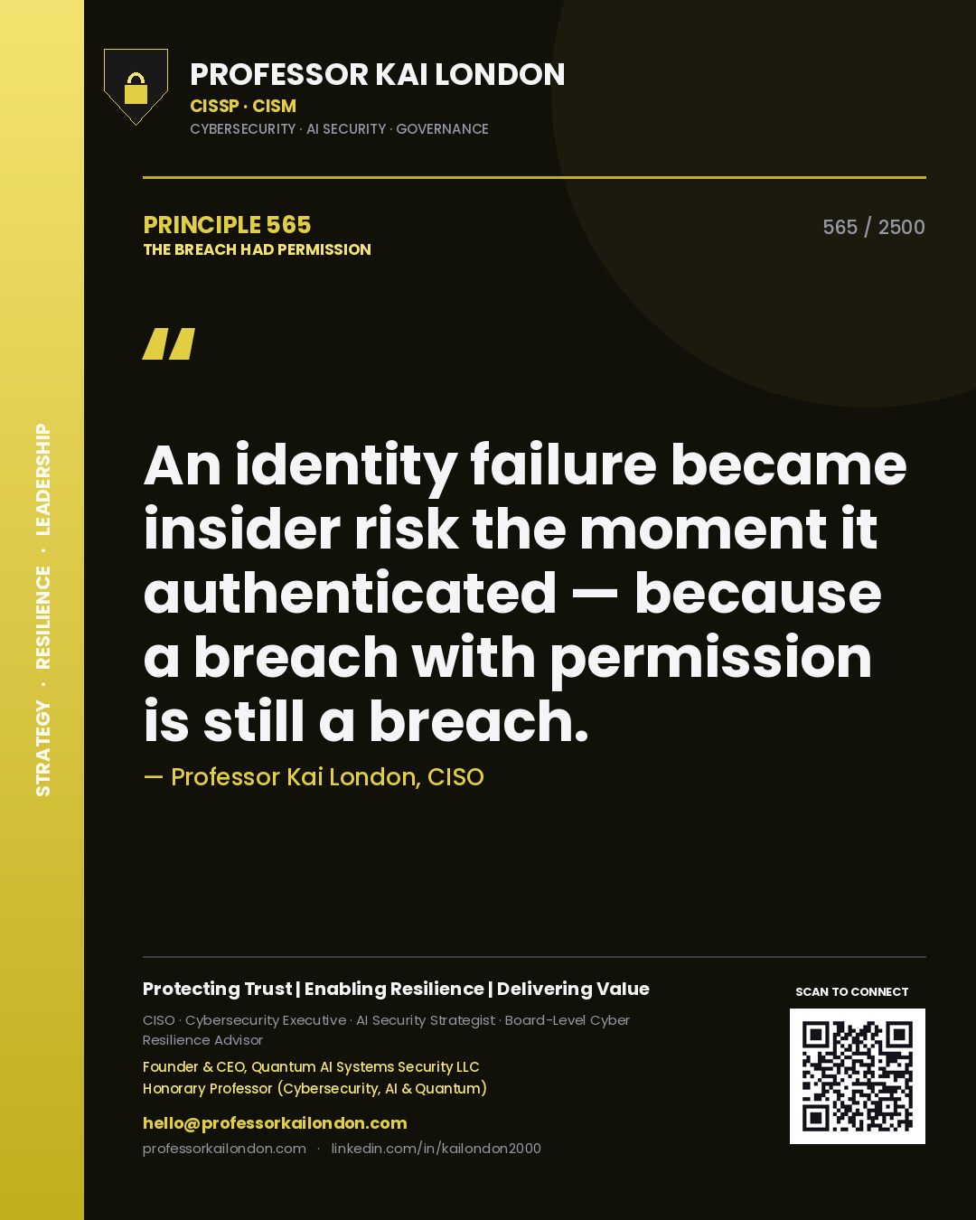 Quote card by Professor Kai London reading 'An identity failure became insider risk the moment it authenticated — because a breach with permission is still a breach.'. From the book The Breach Had Permission.
