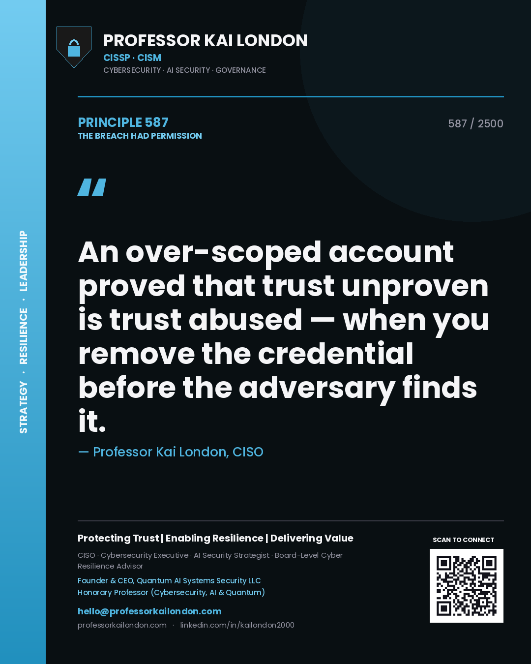 Professor Kai London principle 587: An over-scoped account proved that trust unproven is trust abused — when you remove the credential before the adversary finds it.