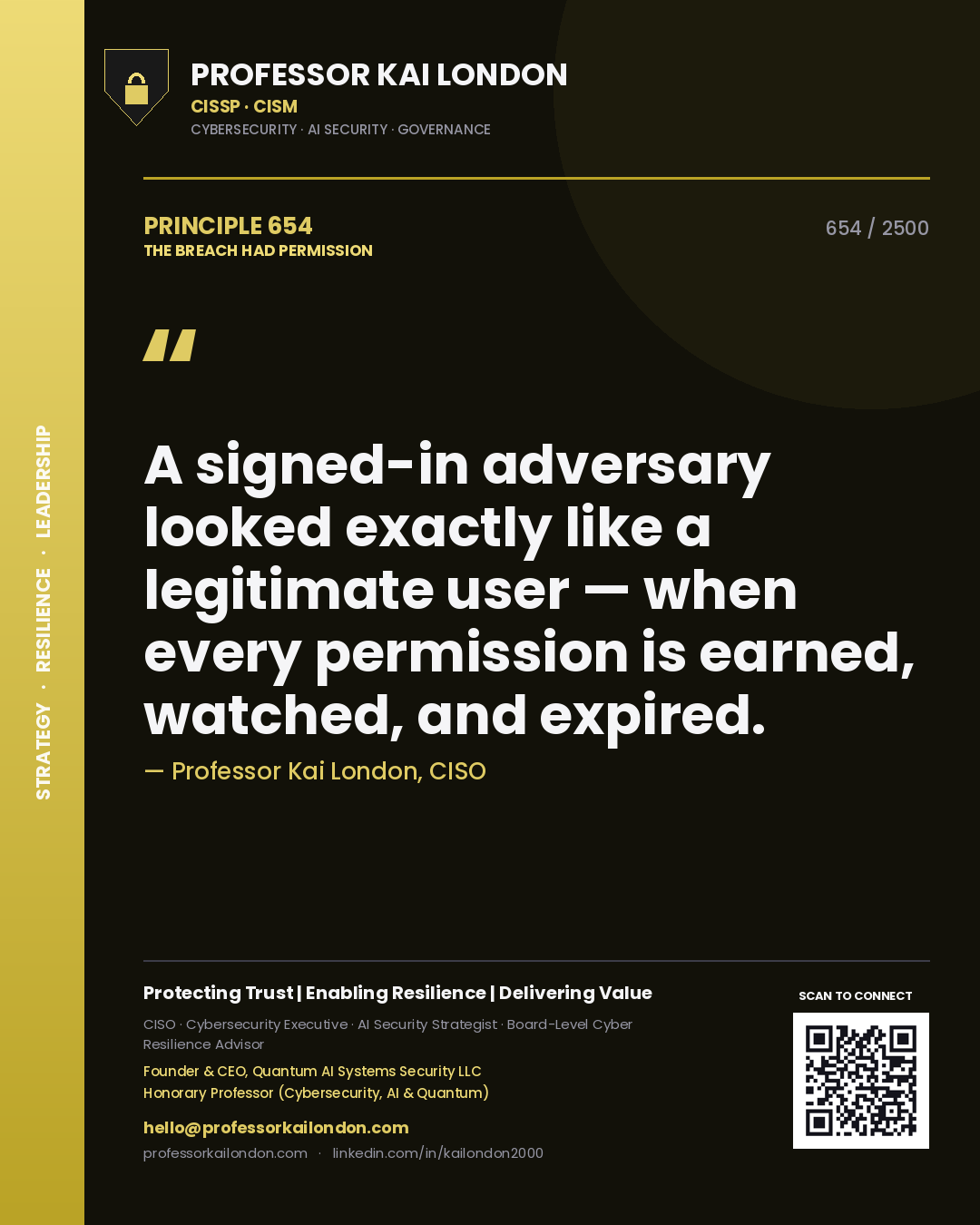 Quote card by Professor Kai London reading 'A signed-in adversary looked exactly like a legitimate user — when every permission is earned, watched, and expired.'. From the book The Breach Had Permission.