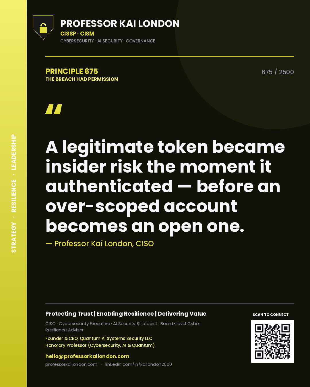 Quote card by Professor Kai London reading 'A legitimate token became insider risk the moment it authenticated — before an over-scoped account becomes an open one.'. From the book The Breach Had Permission.