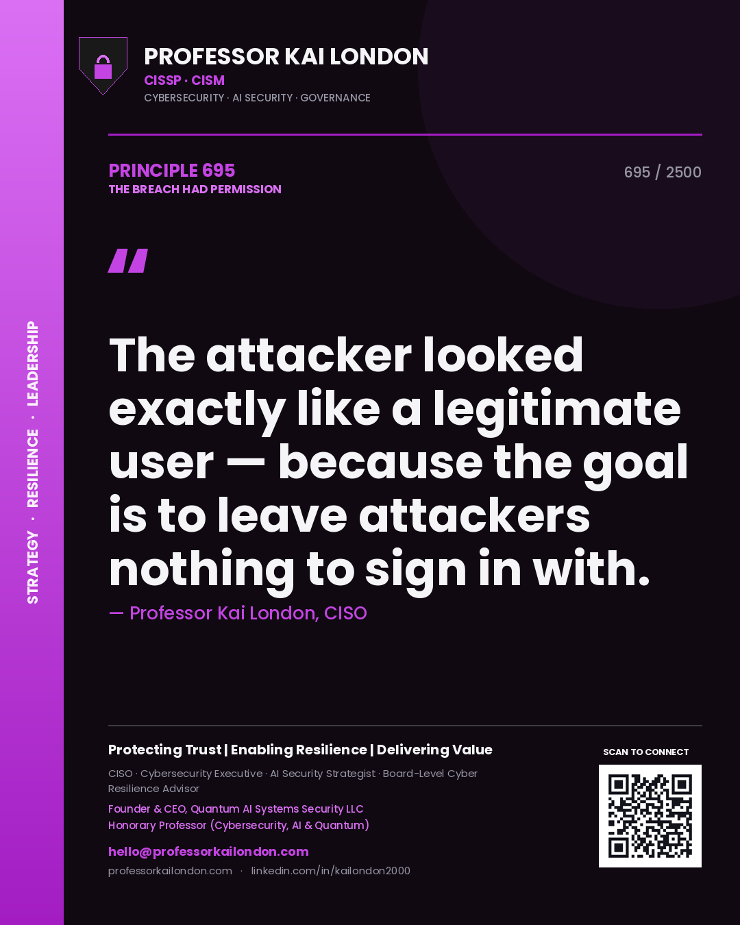Quote card by Professor Kai London reading 'The attacker looked exactly like a legitimate user — because the goal is to leave attackers nothing to sign in with.'. From the book The Breach Had Permission.