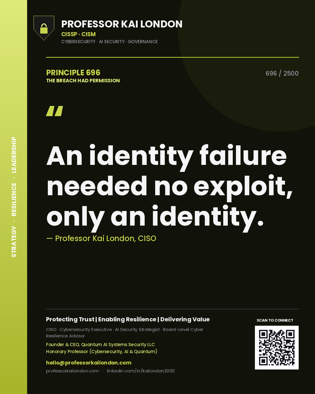 Quote card by Professor Kai London reading 'An identity failure needed no exploit, only an identity.'. From the book The Breach Had Permission.