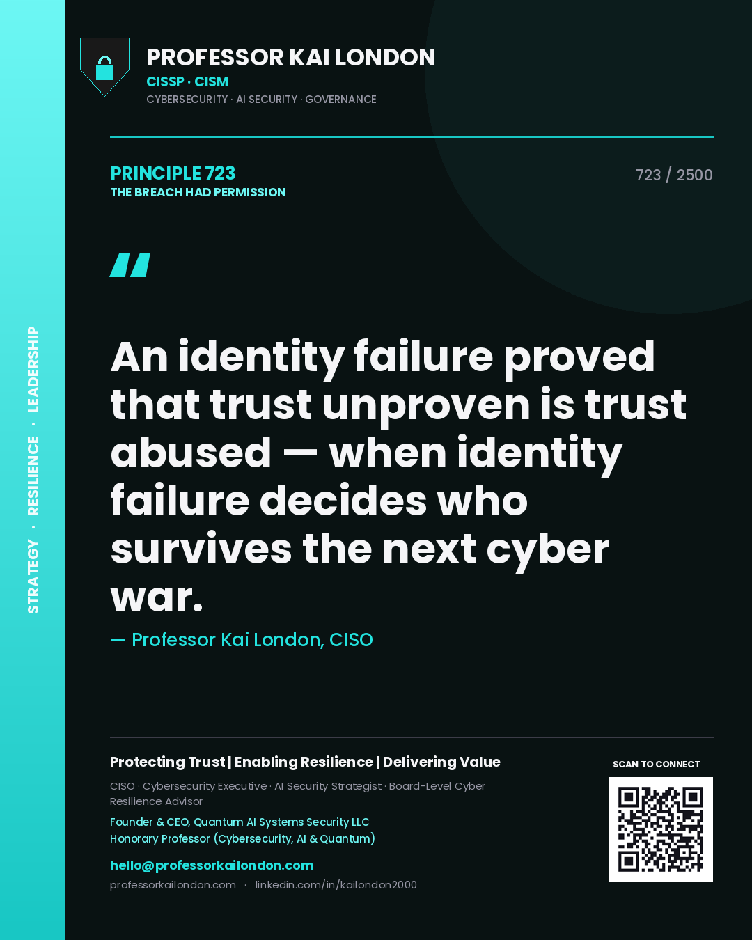 Quote card by Professor Kai London reading 'An identity failure proved that trust unproven is trust abused — when identity failure decides who survives the next cyber war.'. From the book The Breach Had Permission.