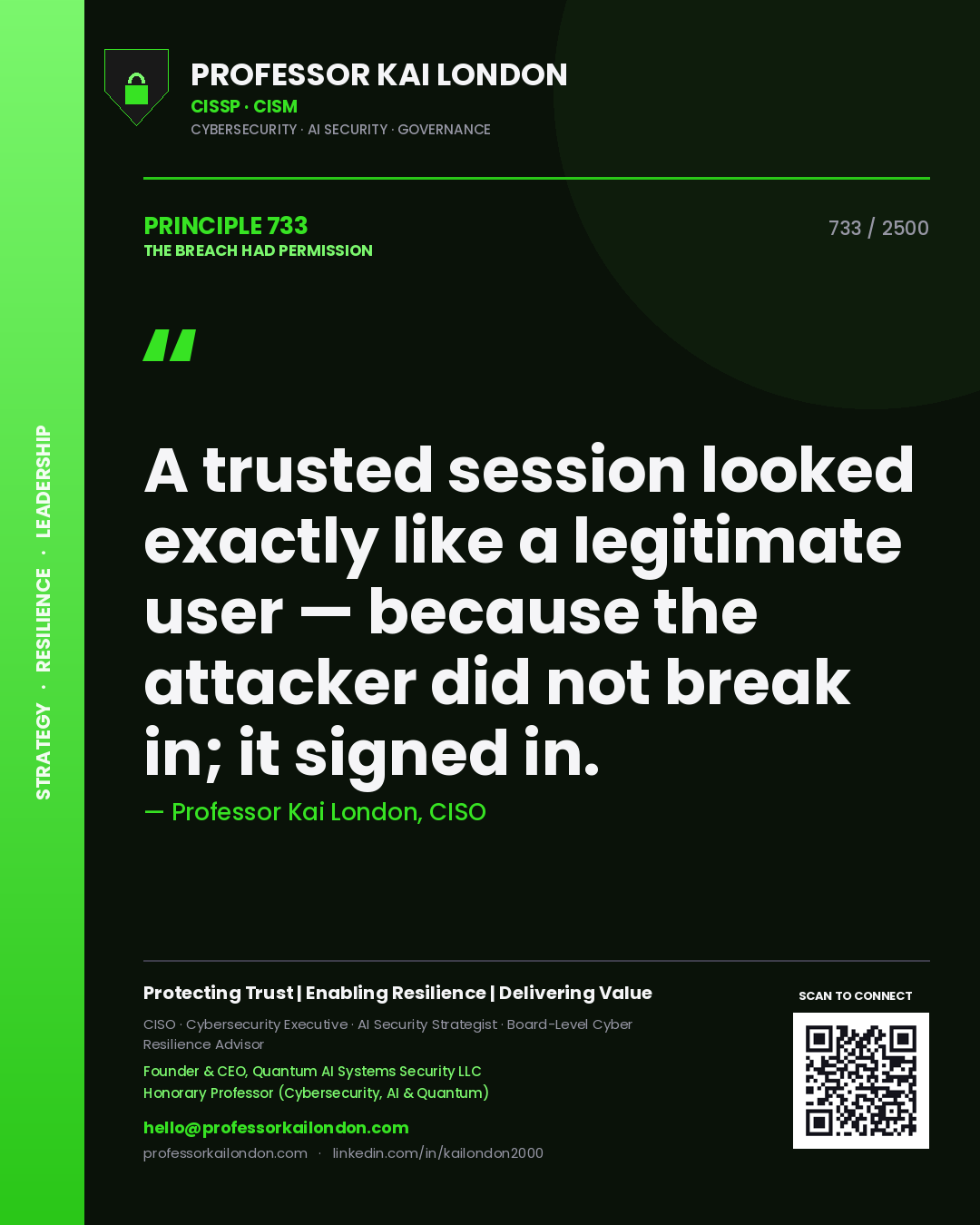 Quote card by Professor Kai London reading 'A trusted session looked exactly like a legitimate user — because the attacker did not break in; it signed in.'. From the book The Breach Had Permission.