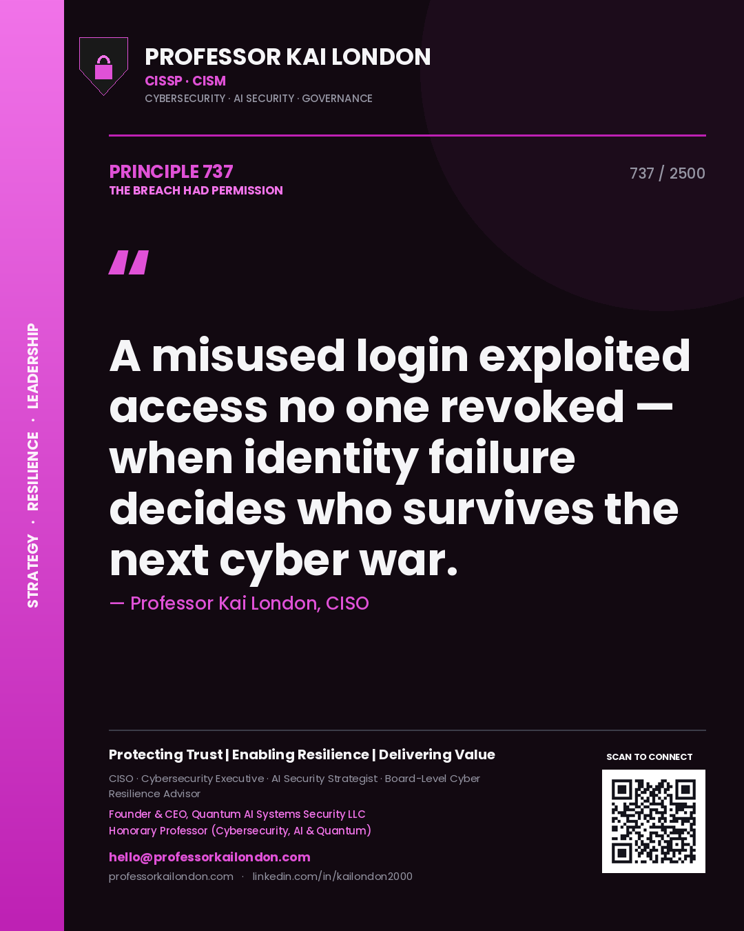 Quote card by Professor Kai London reading 'A misused login exploited access no one revoked — when identity failure decides who survives the next cyber war.'. From the book The Breach Had Permission.