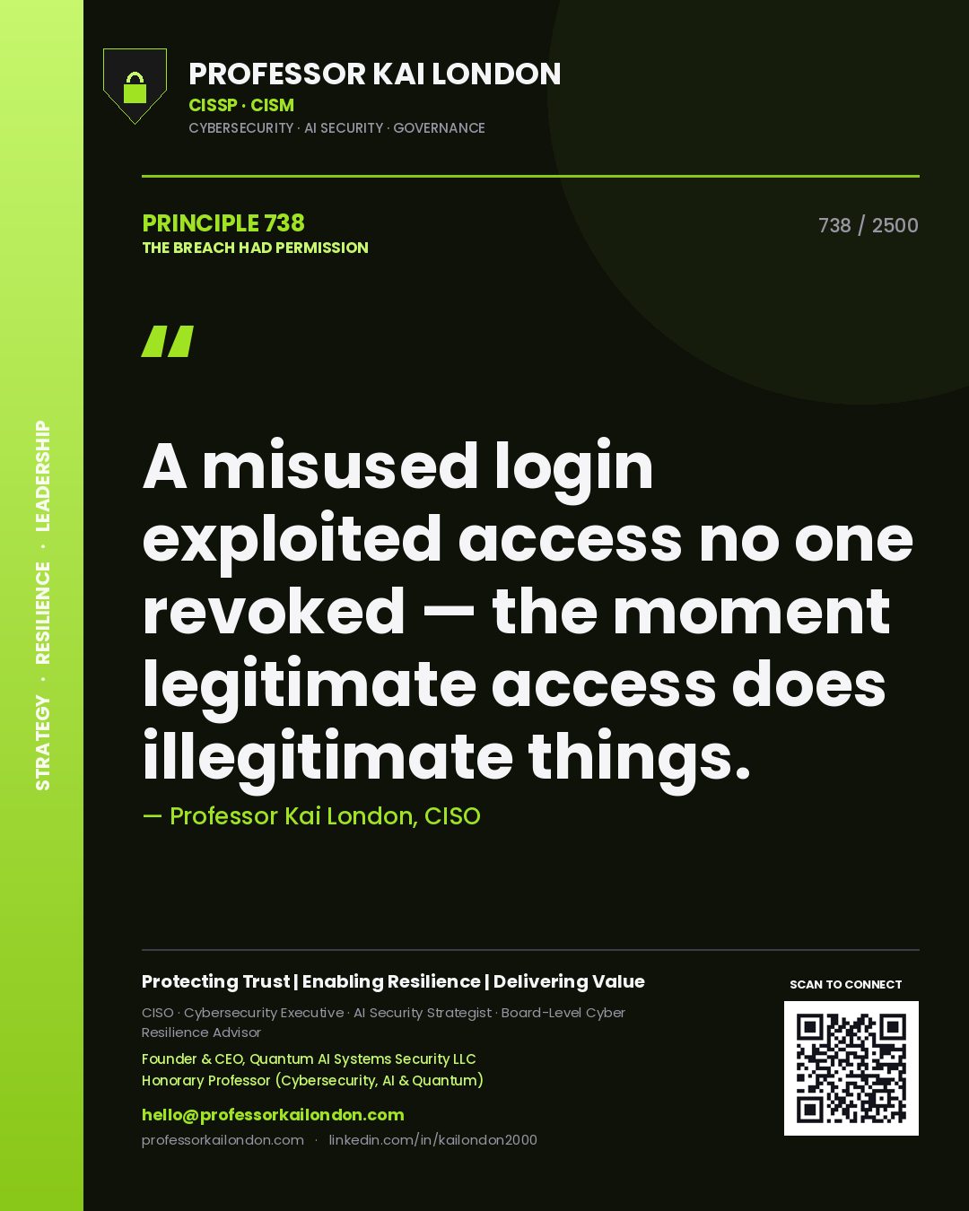 Quote card by Professor Kai London reading 'A misused login exploited access no one revoked — the moment legitimate access does illegitimate things.'. From the book The Breach Had Permission.
