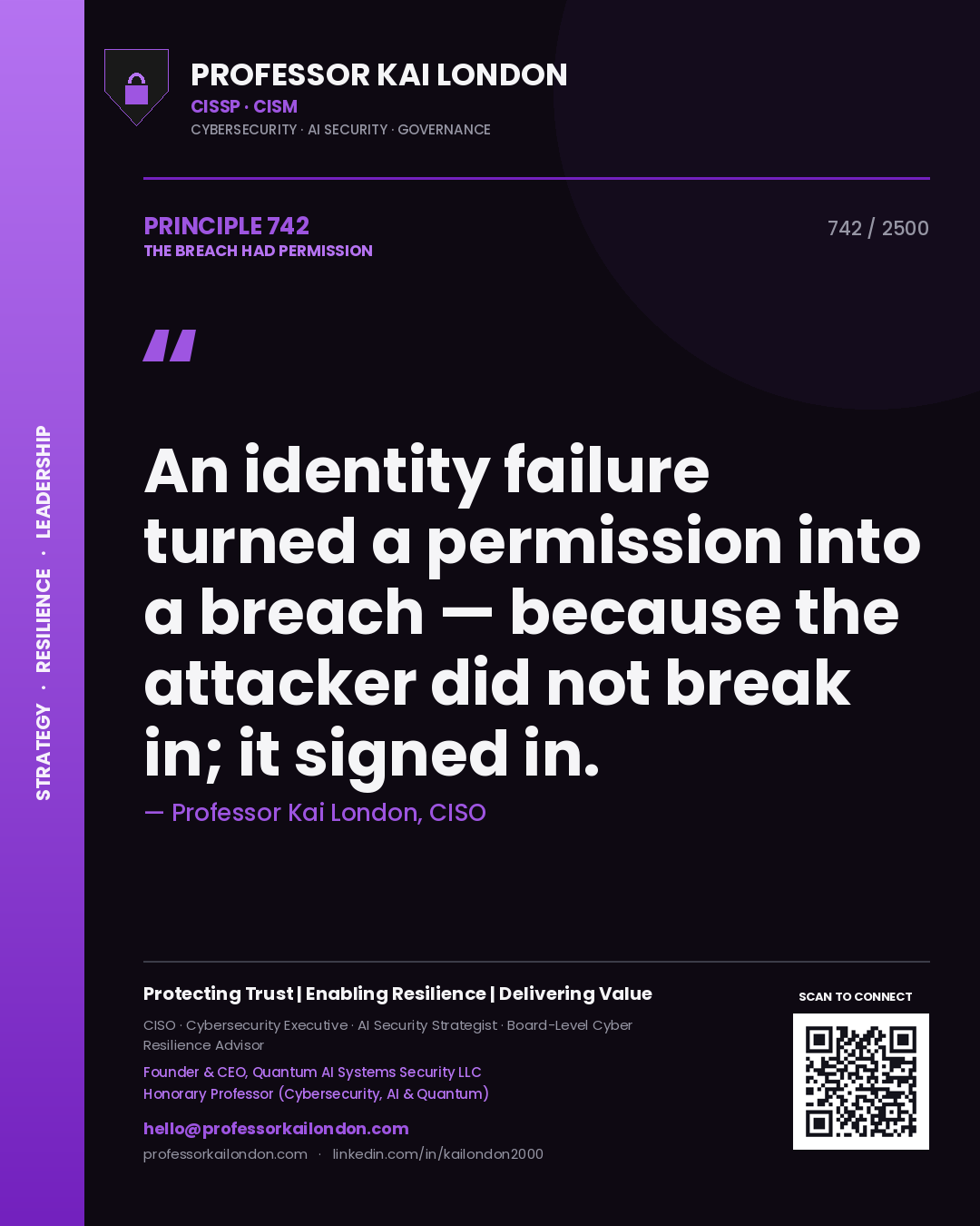 Quote card by Professor Kai London reading 'An identity failure turned a permission into a breach — because the attacker did not break in; it signed in.'. From the book The Breach Had Permission.