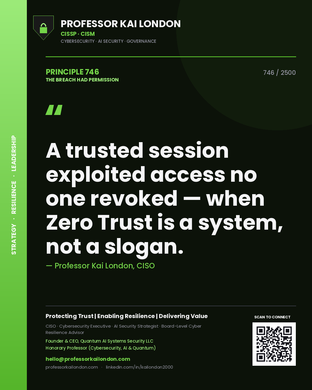 Quote card by Professor Kai London reading 'A trusted session exploited access no one revoked — when Zero Trust is a system, not a slogan.'. From the book The Breach Had Permission.