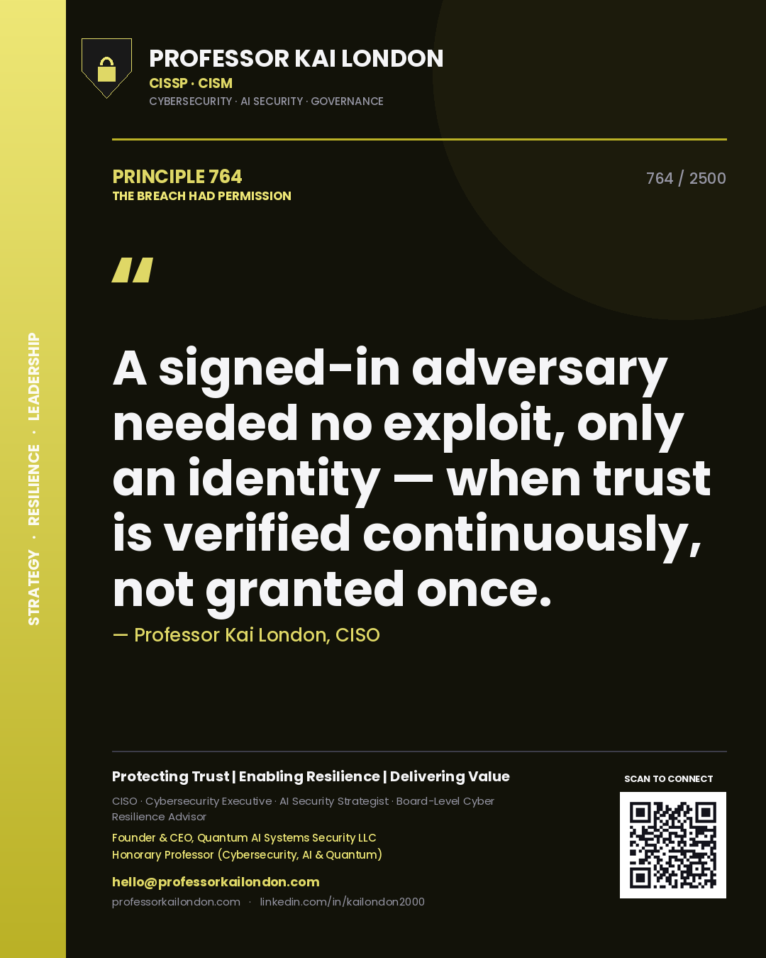 Quote card by Professor Kai London reading 'A signed-in adversary needed no exploit, only an identity — when trust is verified continuously, not granted once.'. From the book The Breach Had Permission.