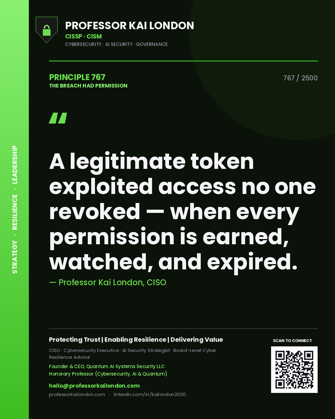 Quote card by Professor Kai London reading 'A legitimate token exploited access no one revoked — when every permission is earned, watched, and expired.'. From the book The Breach Had Permission.