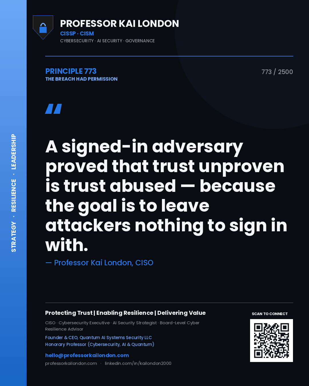 Quote card by Professor Kai London reading 'A signed-in adversary proved that trust unproven is trust abused — because the goal is to leave attackers nothing to sign in with.'. From the book The Breach Had Permission.