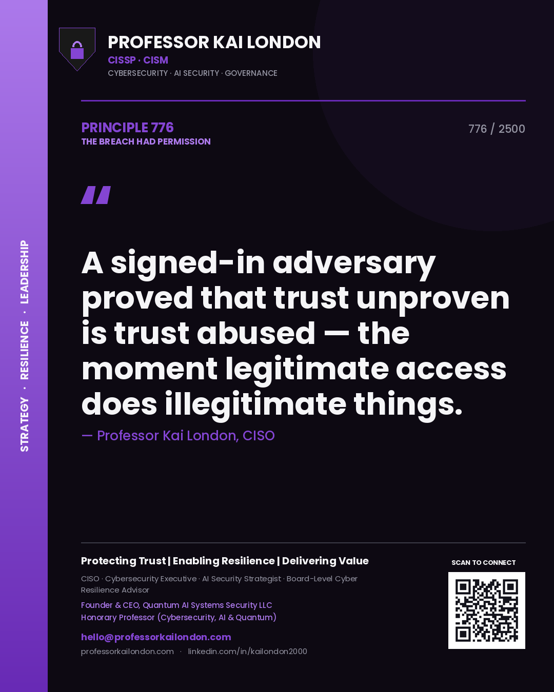 Quote card by Professor Kai London reading 'A signed-in adversary proved that trust unproven is trust abused — the moment legitimate access does illegitimate things.'. From the book The Breach Had Permission.