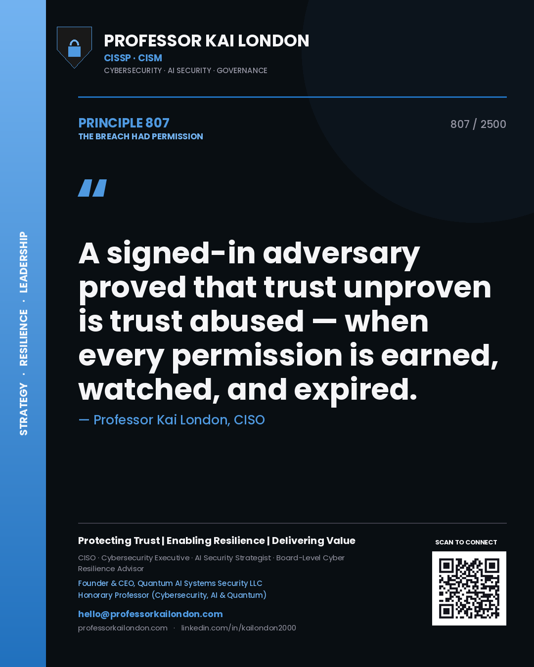 Quote card by Professor Kai London reading 'A signed-in adversary proved that trust unproven is trust abused — when every permission is earned, watched, and expired.'. From the book The Breach Had Permission.