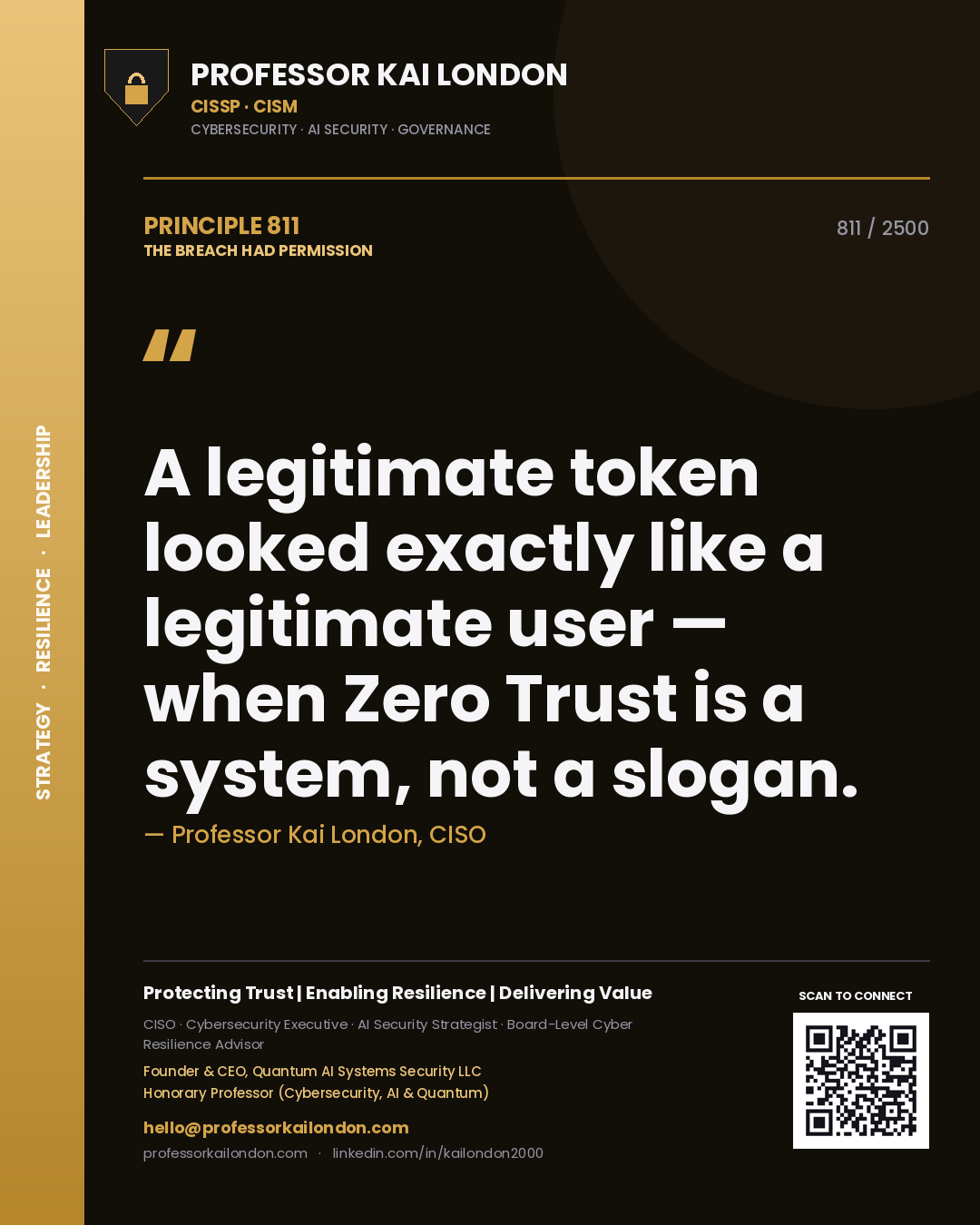 Quote card by Professor Kai London reading 'A legitimate token looked exactly like a legitimate user — when Zero Trust is a system, not a slogan.'. From the book The Breach Had Permission.