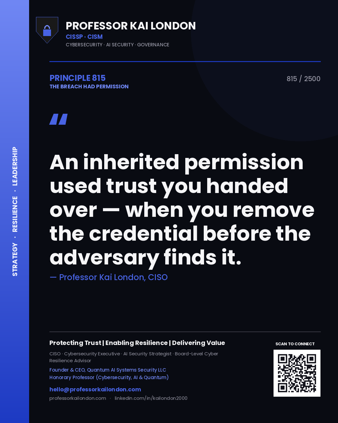 Quote card by Professor Kai London reading 'An inherited permission used trust you handed over — when you remove the credential before the adversary finds it.'. From the book The Breach Had Permission.