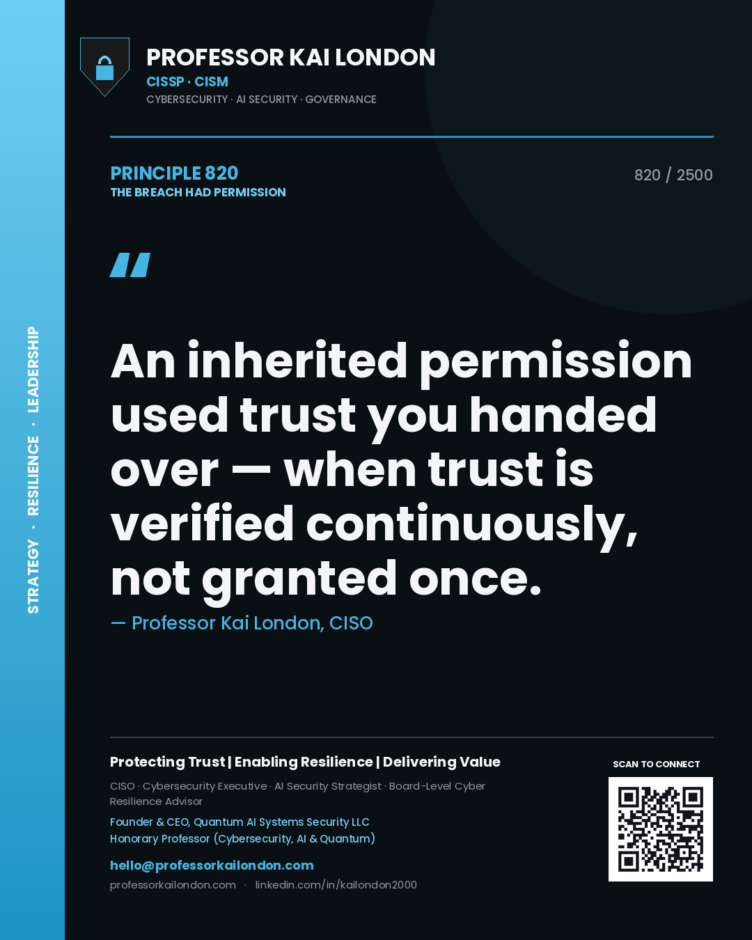 Professor Kai London principle 820: An inherited permission used trust you handed over — when trust is verified continuously, not granted once.