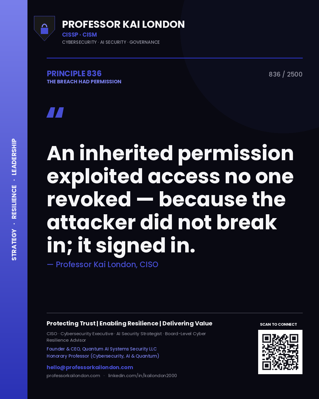Professor Kai London principle 836: An inherited permission exploited access no one revoked — because the attacker did not break in; it signed in.