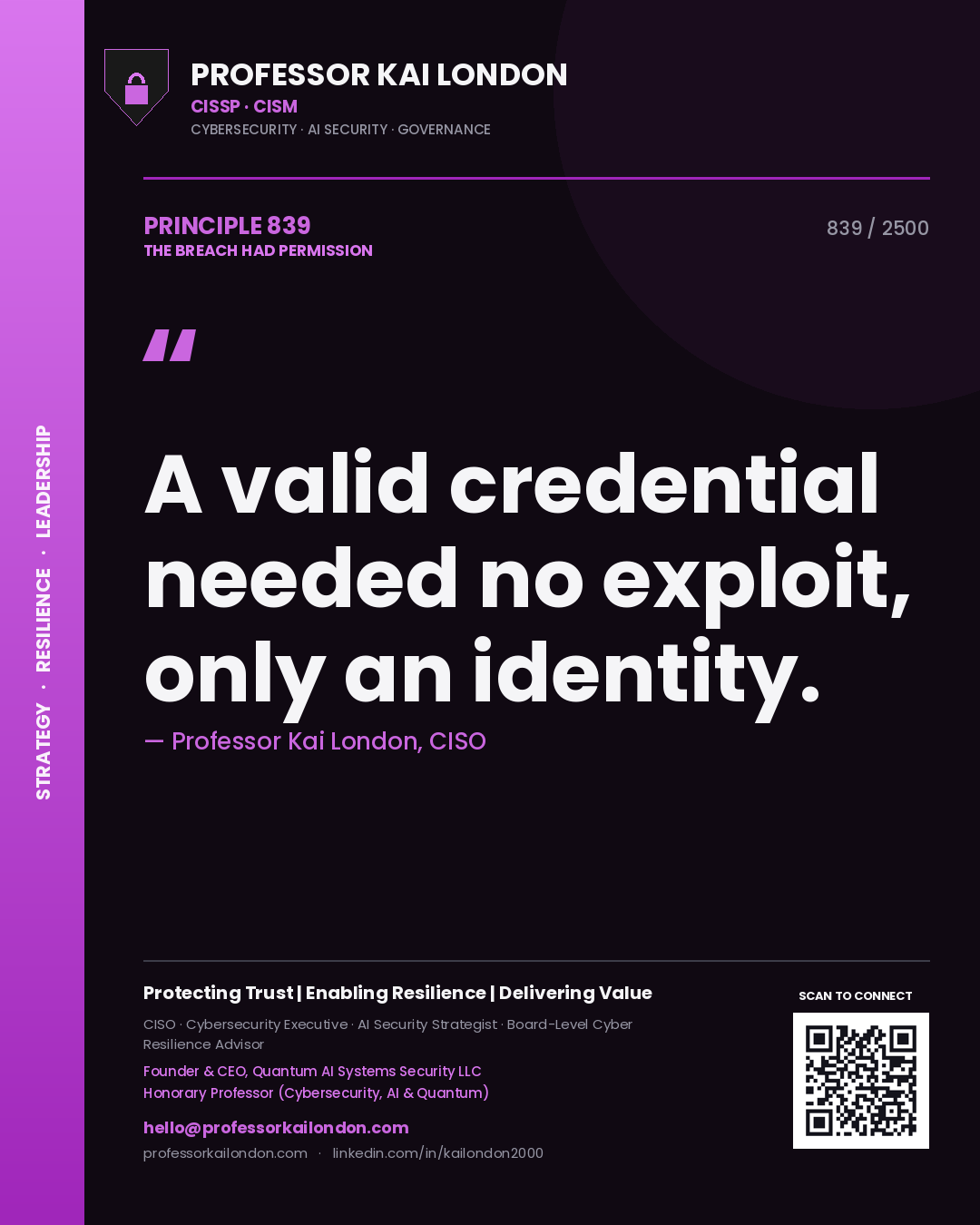 Quote card by Professor Kai London reading 'A valid credential needed no exploit, only an identity.'. From the book The Breach Had Permission.