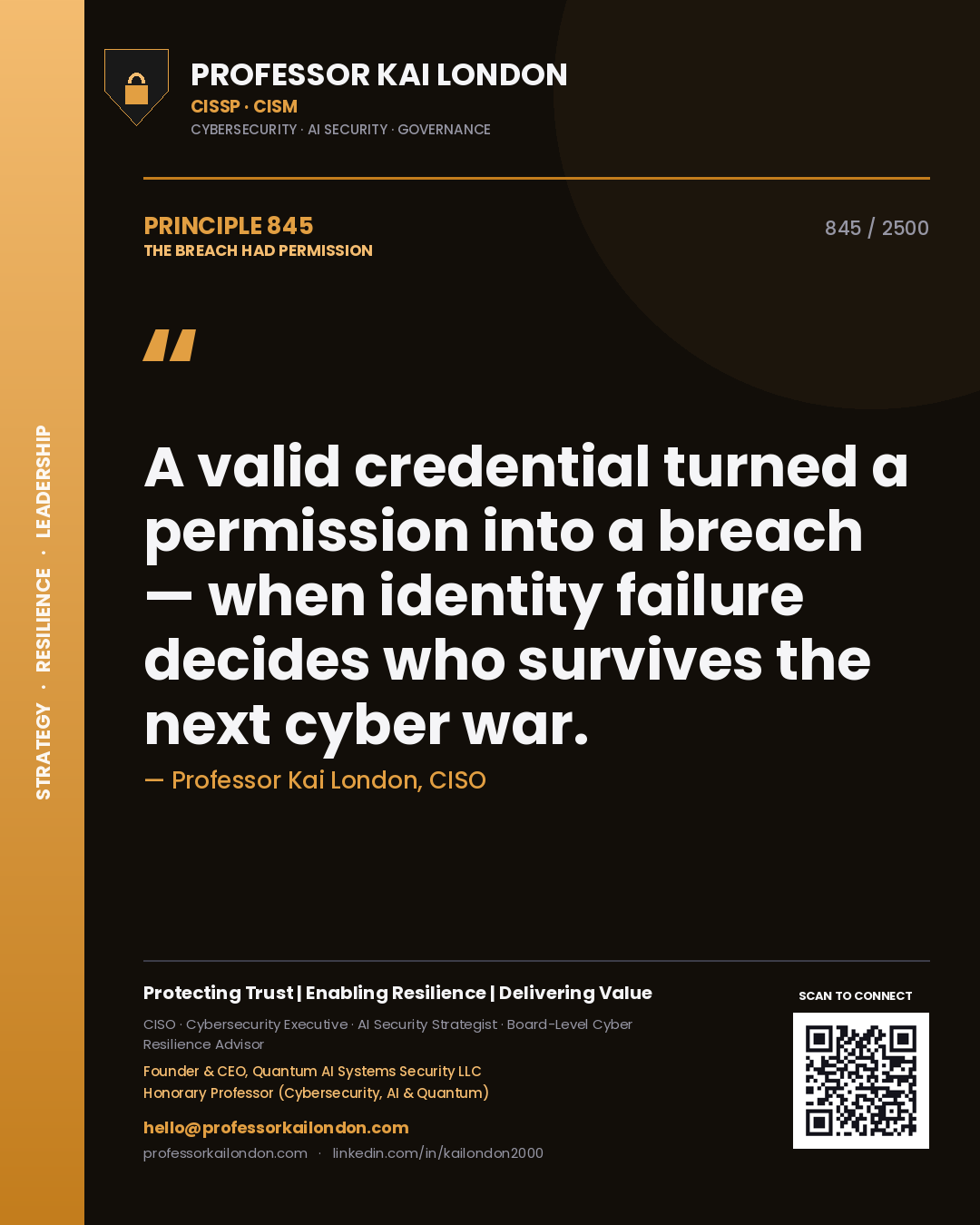 Professor Kai London principle 845: A valid credential turned a permission into a breach — when identity failure decides who survives the next cyber war.