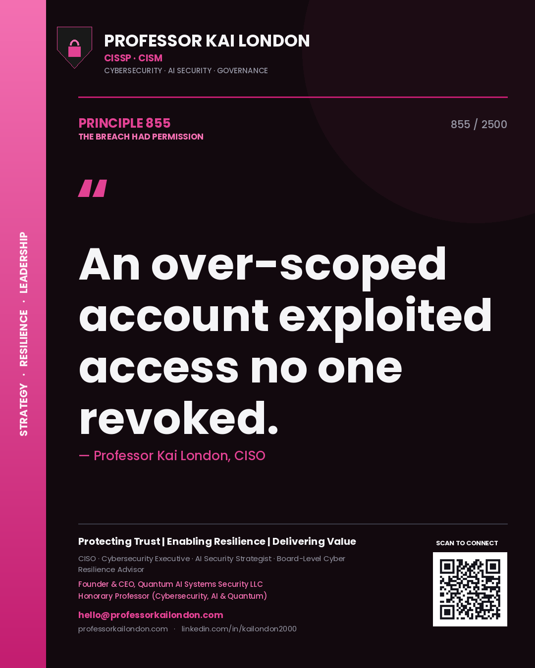 Quote card by Professor Kai London reading 'An over-scoped account exploited access no one revoked.'. From the book The Breach Had Permission.