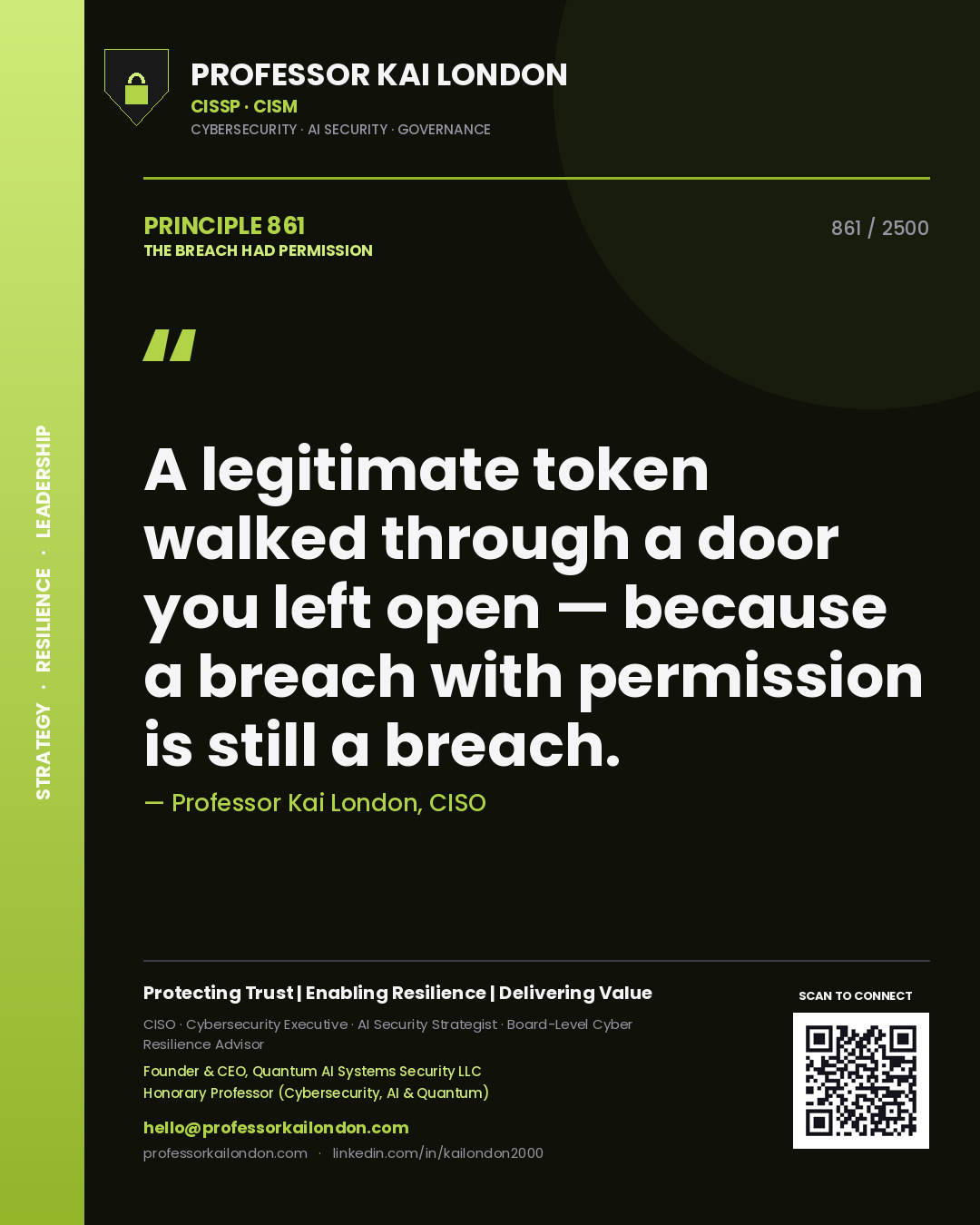 Quote card by Professor Kai London reading 'A legitimate token walked through a door you left open — because a breach with permission is still a breach.'. From the book The Breach Had Permission.