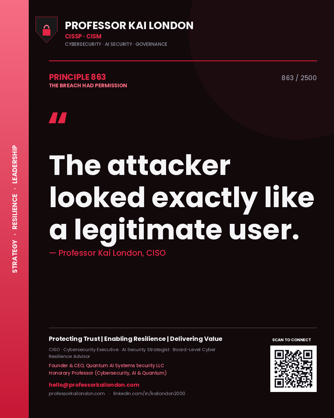 Quote card by Professor Kai London reading 'The attacker looked exactly like a legitimate user.'. From the book The Breach Had Permission.