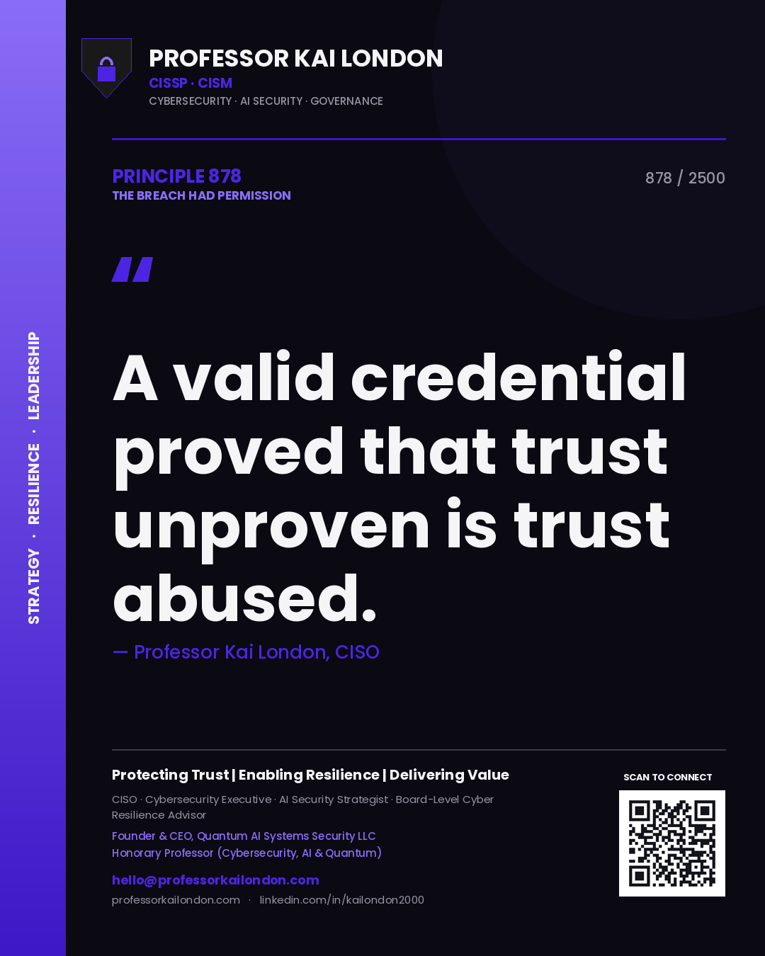 Quote card by Professor Kai London reading 'A valid credential proved that trust unproven is trust abused.'. From the book The Breach Had Permission.