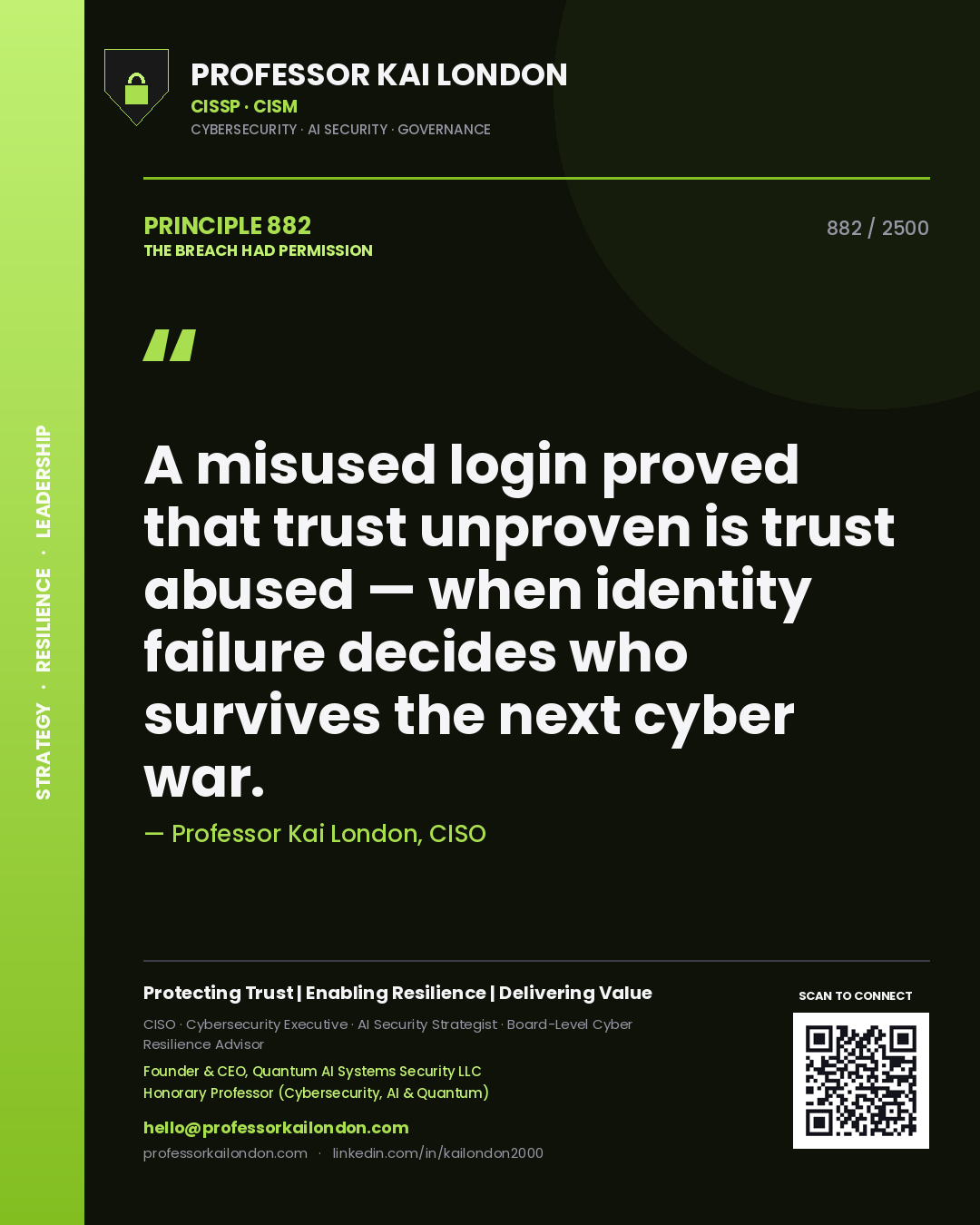 Quote card by Professor Kai London reading 'A misused login proved that trust unproven is trust abused — when identity failure decides who survives the next cyber war.'. From the book The Breach Had Permission.