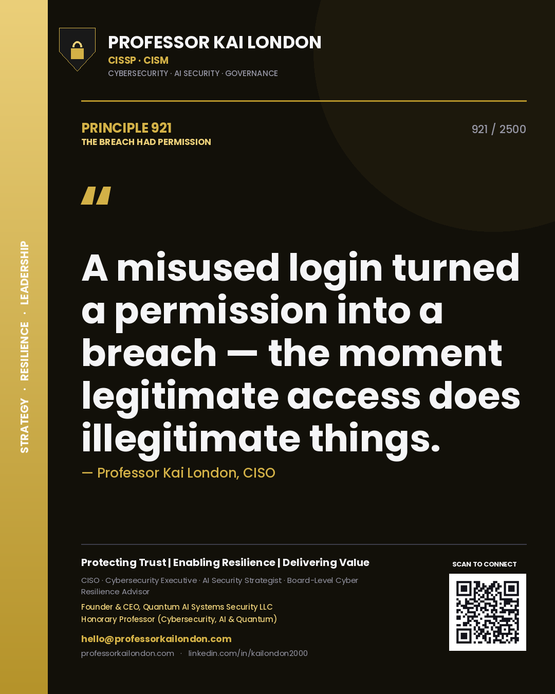 Quote card by Professor Kai London reading 'A misused login turned a permission into a breach — the moment legitimate access does illegitimate things.'. From the book The Breach Had Permission.