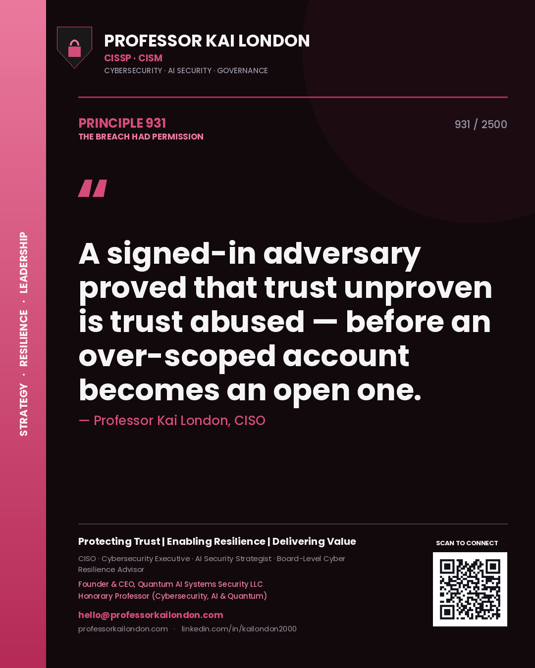 Quote card by Professor Kai London reading 'A signed-in adversary proved that trust unproven is trust abused — before an over-scoped account becomes an open one.'. From the book The Breach Had Permission.