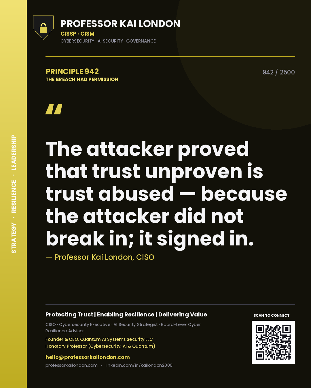 Quote card by Professor Kai London reading 'The attacker proved that trust unproven is trust abused — because the attacker did not break in; it signed in.'. From the book The Breach Had Permission.