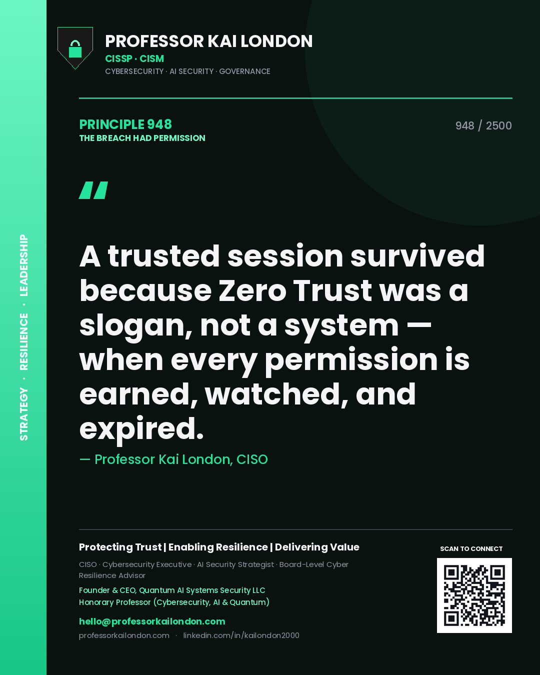 Quote card by Professor Kai London reading 'A trusted session survived because Zero Trust was a slogan, not a system — when every permission is earned, watched, and expired.'. From the book The Breach Had Permission.