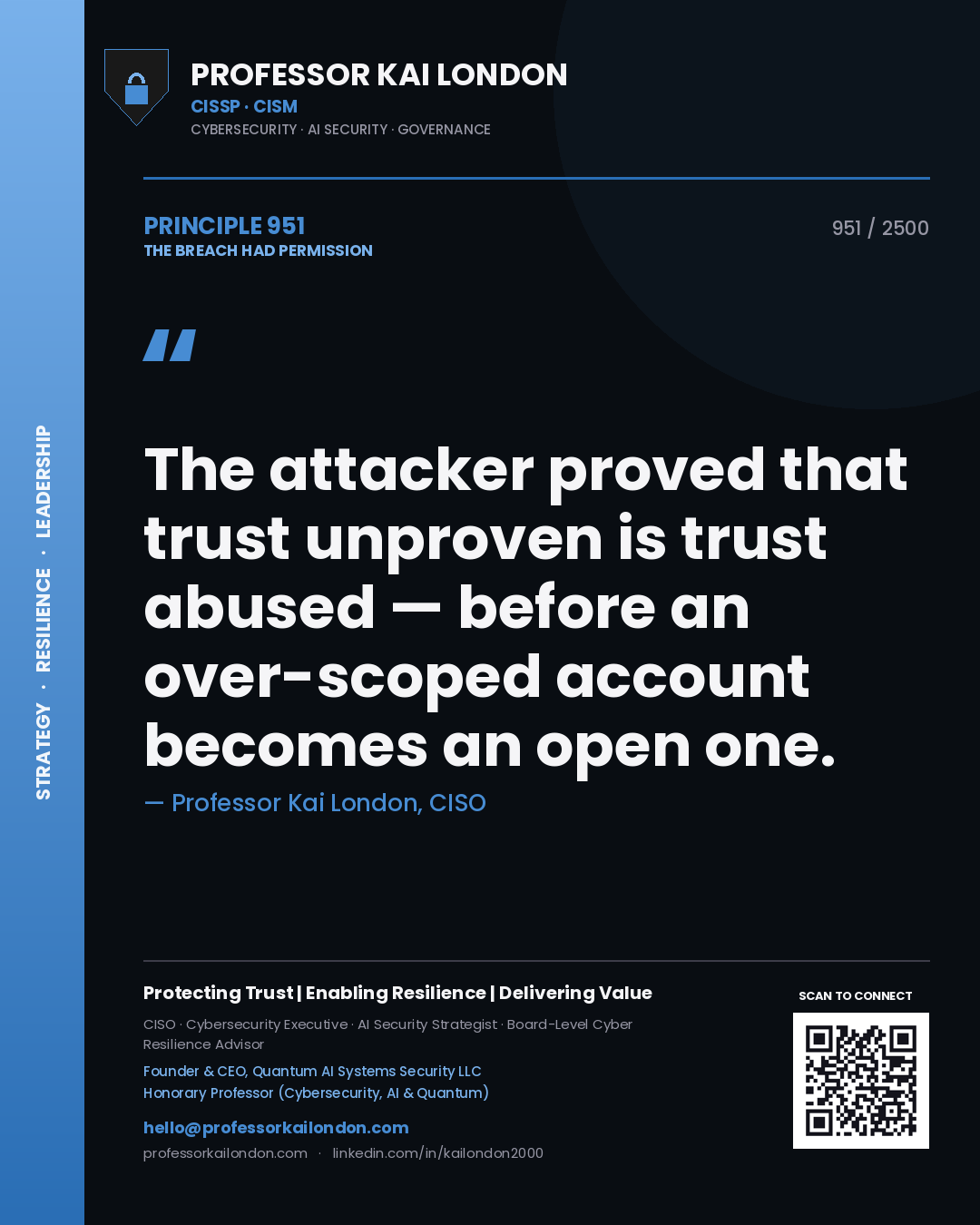 Quote card by Professor Kai London reading 'The attacker proved that trust unproven is trust abused — before an over-scoped account becomes an open one.'. From the book The Breach Had Permission.