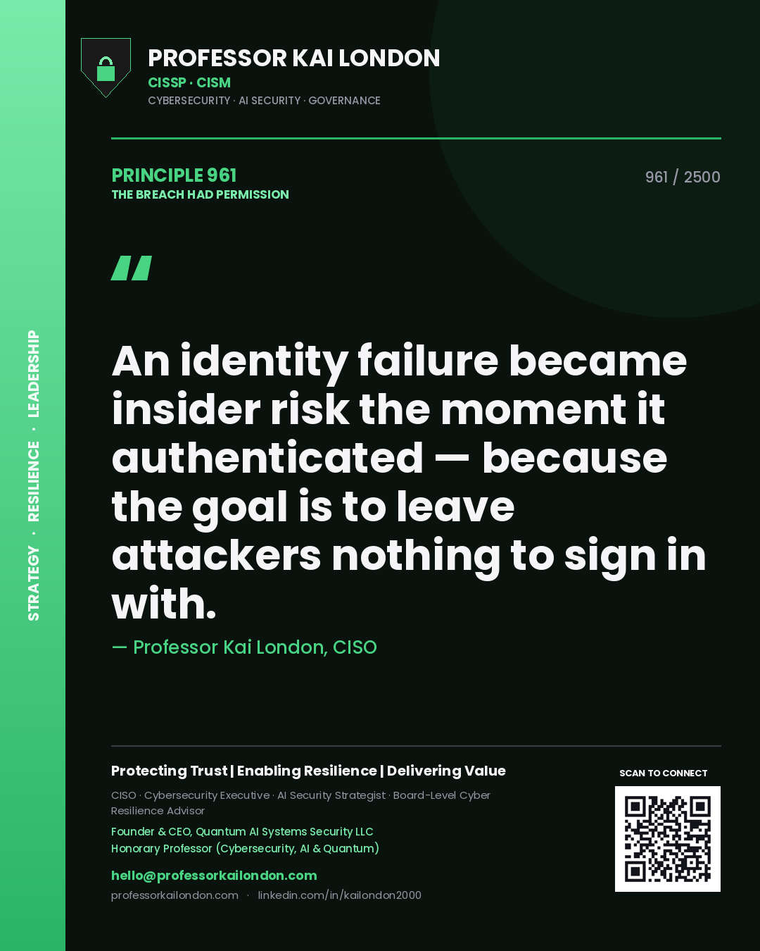 Professor Kai London principle 961: An identity failure became insider risk the moment it authenticated — because the goal is to leave attackers nothing to sign in with.