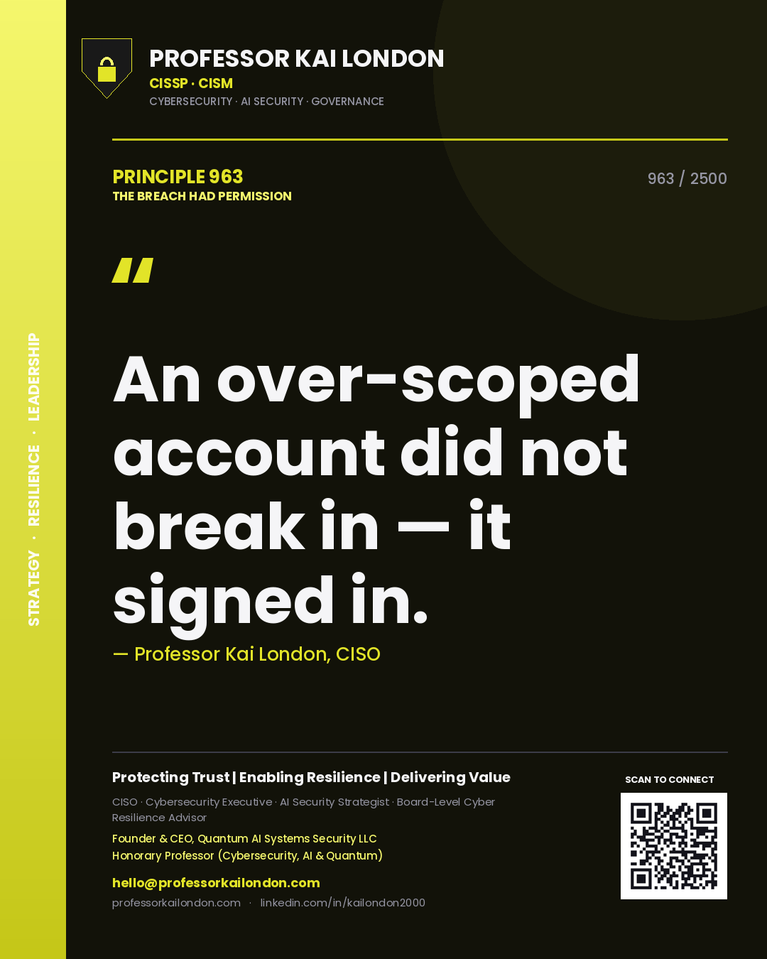 Quote card by Professor Kai London reading 'An over-scoped account did not break in — it signed in.'. From the book The Breach Had Permission.