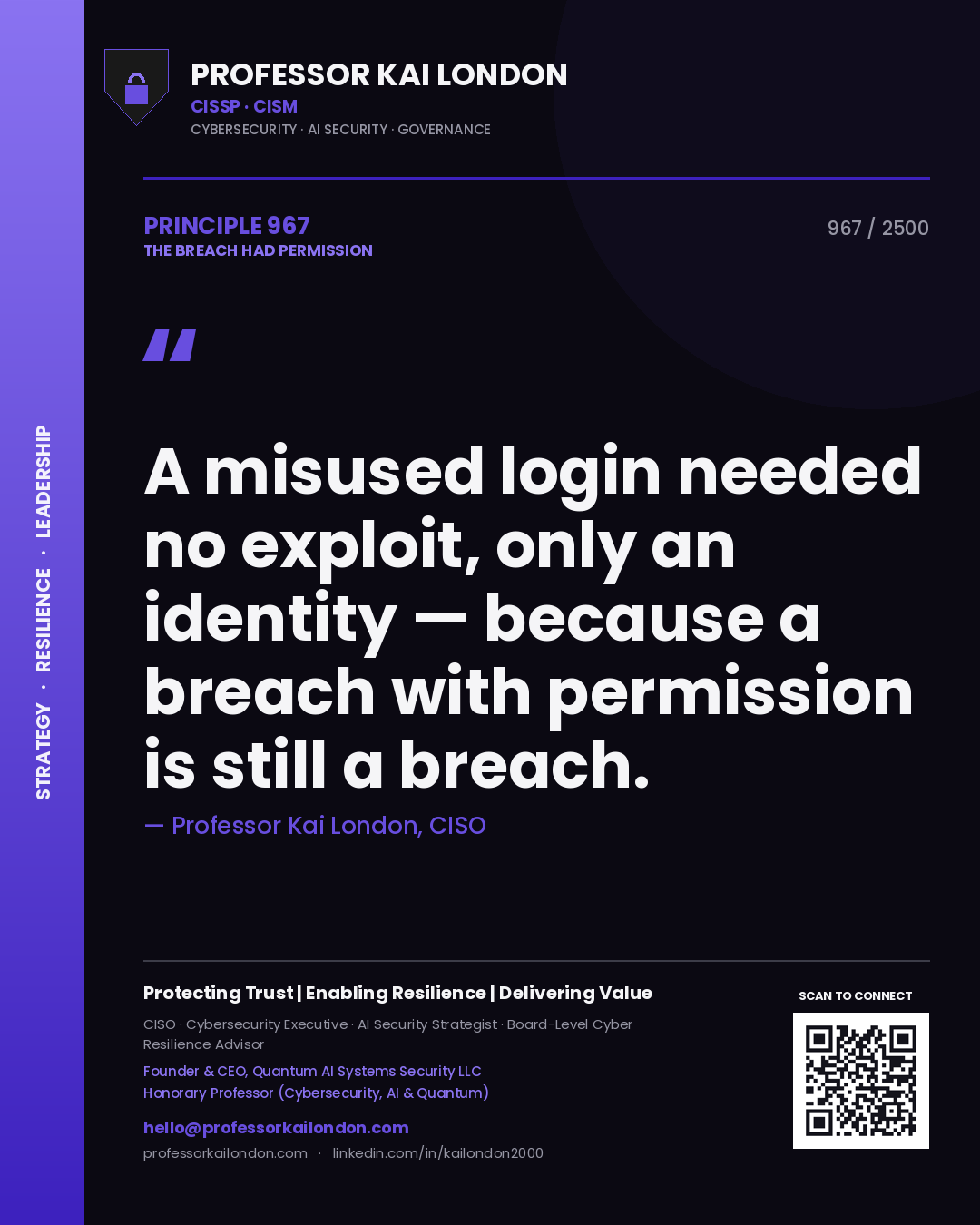 Quote card by Professor Kai London reading 'A misused login needed no exploit, only an identity — because a breach with permission is still a breach.'. From the book The Breach Had Permission.