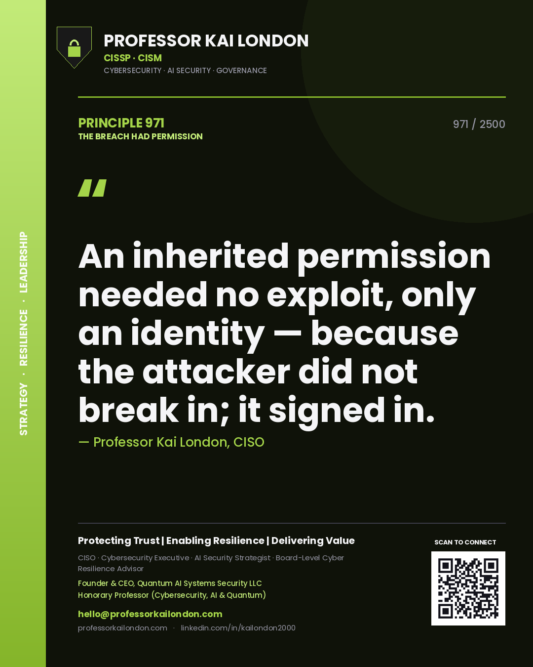 Quote card by Professor Kai London reading 'An inherited permission needed no exploit, only an identity — because the attacker did not break in; it signed in.'. From the book The Breach Had Permission.