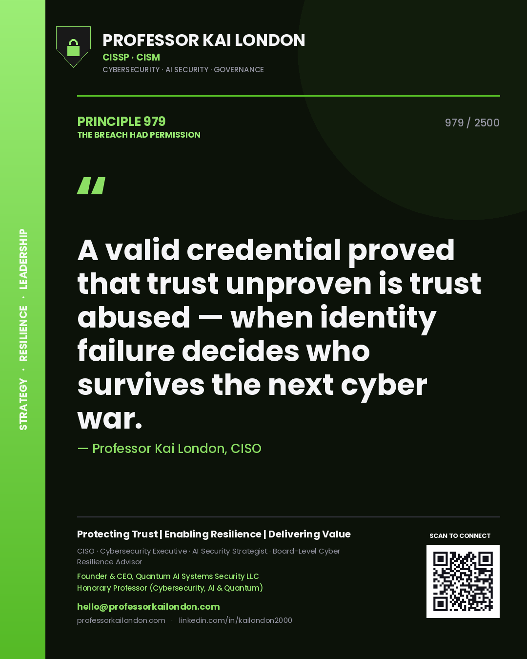 Professor Kai London principle 979: A valid credential proved that trust unproven is trust abused — when identity failure decides who survives the next cyber war.